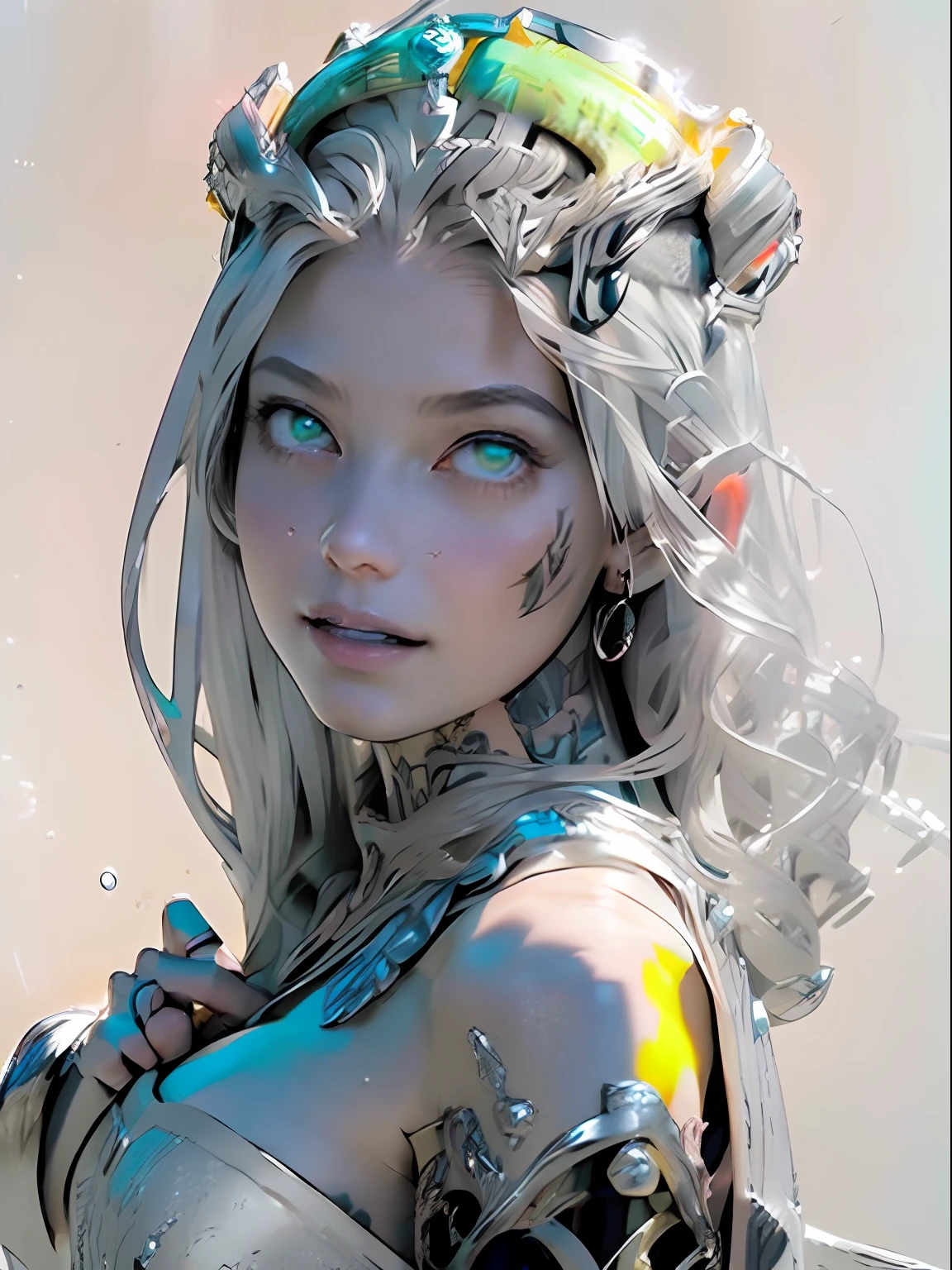 Ultra-detailed complex 3D rendering of the face, (masterpiece, top quality, octane rendering,), glamour shots full body image, very beautiful young elves, cleavage, (highly detailed skin: 1.2), (exposure: 1.1), ((blue micro bikini: 1.95)))). , 8k, (((very soft breasts)), (((conspicuous large pink areola)), beautiful Caucasian woman with white skin with full soft breasts with big buttocks, one, long braided hair, big breasts, dynamic angles, (((huge breasts: 2.4)), ultra-realistic photos, ((((((silver hair)))), futuristic urban background, facial muscles, (((((detailed and glamorous silver crown)))), In the style of Marvel Comics, ArtStation Trends, Clear Focus, Intricate Details, Very Detailed, Detailed Green Eyes, Sharp Focus, Digital Rendering, Professional, Abs, Lip Gloss, Glossy Skin, Sexy Pose, Golden Tattoo All Over Body, Silver Pattern All Over Body, Silver Lame Skin, Gold Glitter Skin, Mansuji, Buttocks, Jeweled All Over the Body, with silver scales, silver hair,