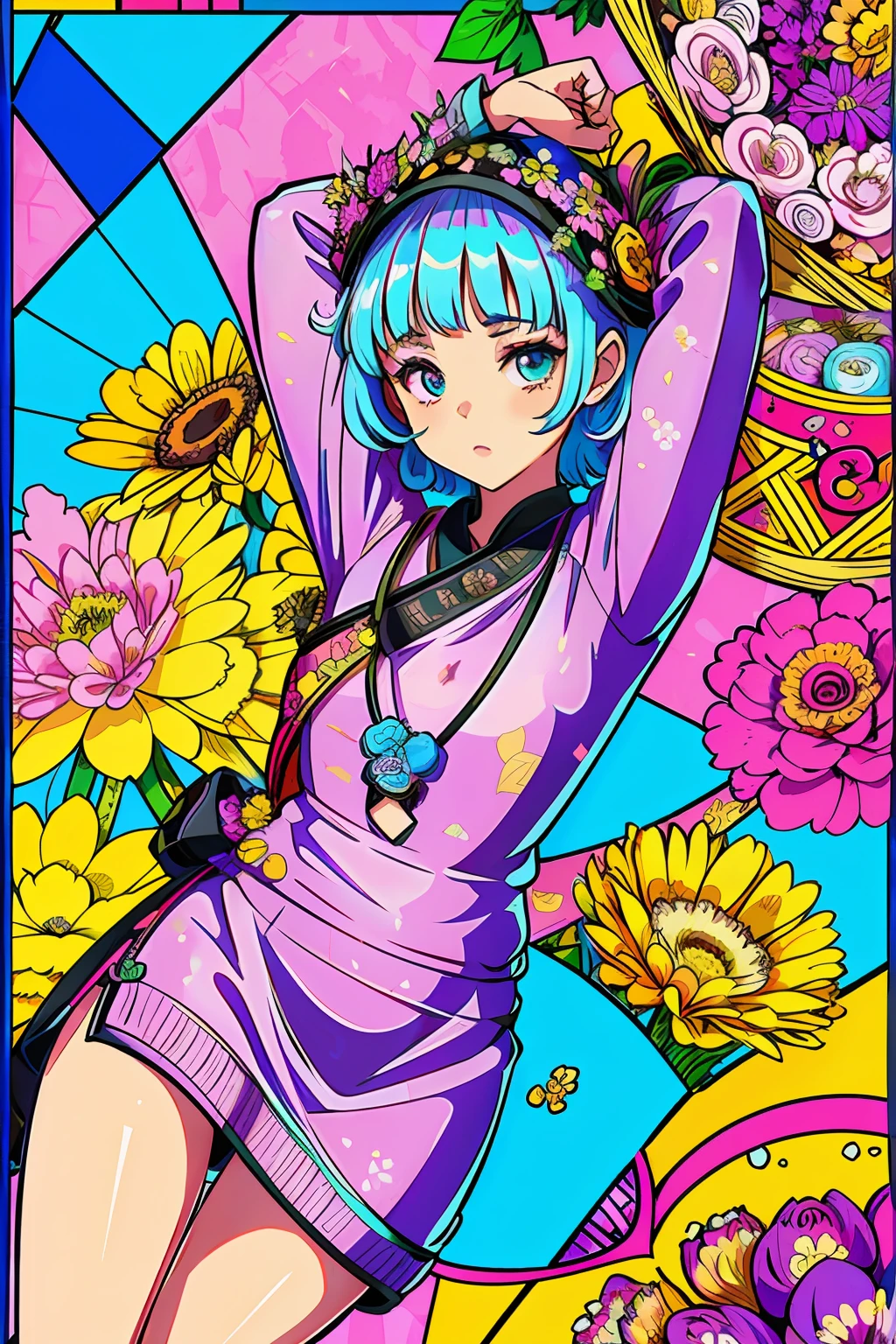 (ultra-detailed background, detailed background), absurdres, highres, ultra detailed, extremly detailed, 1girl, (bunch of flowers:1.3), (zentangle:1.2), (geometric:1.2),(colorful),