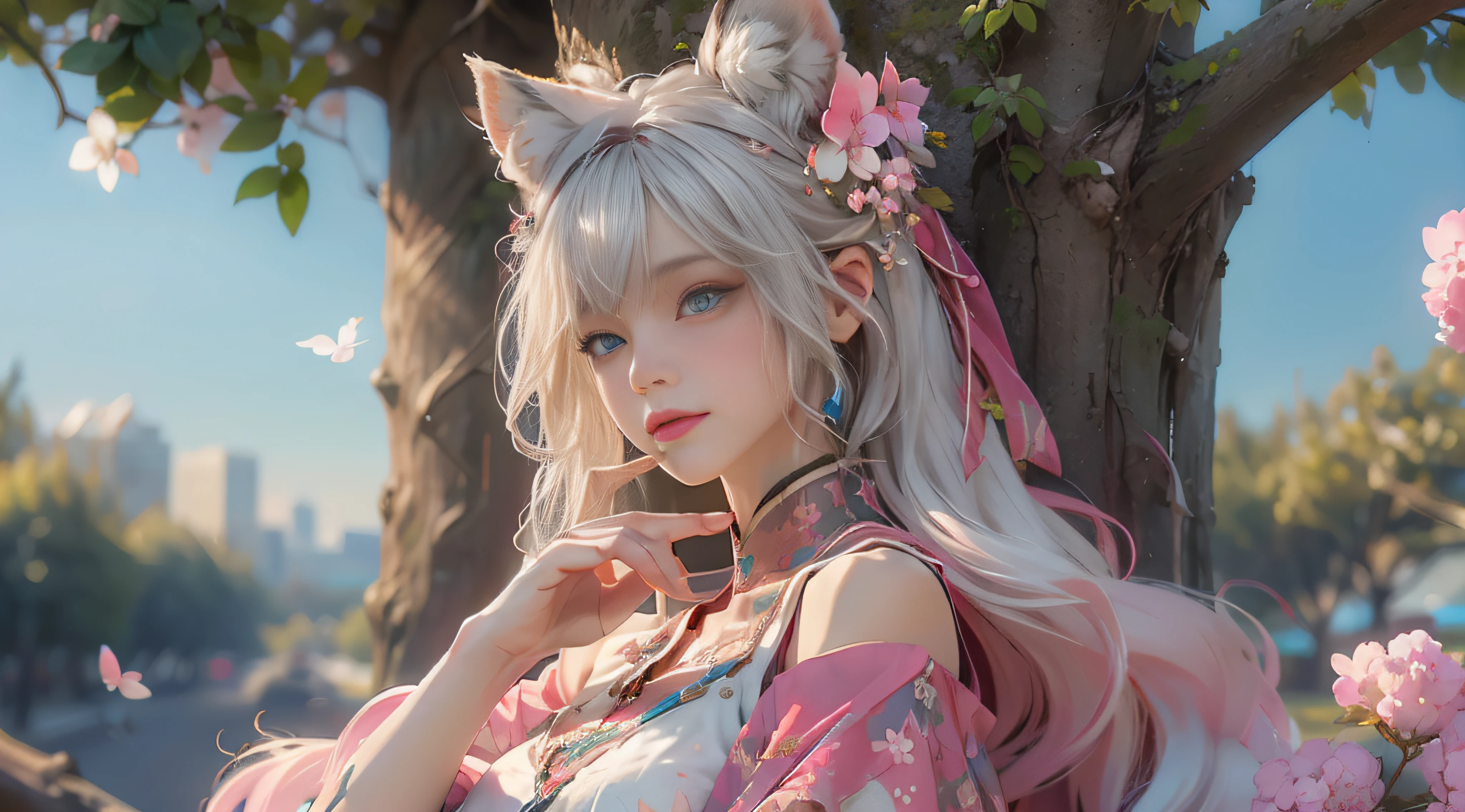 （（best qualtiy））， （（tmasterpiece））， （detail：1.4）， Beautiful cyberpunk female images，hdr（HighDynamicRange），Ray traching，NVIDIA RTX，Hyper-Resolution，illusory 5，sub surface scattering，PBR textures，post-proces，Anisotropy Filtering，depth of fields，maximum definition and sharpness，Many-Layer Textures，Albedo e mapas Speculares，Surface coloring，Mitsu-Accurate simulation of material interactions，perfectly proportioned，rendering by octane，Two-colored light，largeaperture，Low ISO，White balance，Rule three points、8K raw data、Beautiful bright blue pupils，off-the-shoulder clothes，Fine pupils，Delicate face and eyes，long eyelasher，Blushlush，Delicate and fluffy hair，pink lip，Pure，Cute face，Sweet girl，Artistic sense，Casual wear，Advancedsense，butterflys，Cherry blossom petal，Beautiful hair accessories，Long hair and waist，Hair fluttering in the wind，Snow-white fox ears，curlies，Snow-white fluffy tail