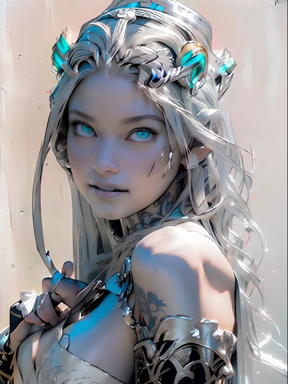 Ultra-detailed complex 3D rendering of the face, (masterpiece, top quality, octane rendering,), glamour shots full body image, very beautiful young elves, cleavage, (highly detailed skin: 1.2), (exposure: 1.1), ((blue micro bikini: 1.95)))). , 8k, (((very soft breasts)), (((conspicuous large pink areola)), beautiful Caucasian woman with white skin with full soft breasts with big buttocks, one, long braided hair, big breasts, dynamic angles, (((huge breasts: 2.4)), ultra-realistic photos, ((((((silver hair)))), futuristic urban background, facial muscles, (((((detailed and glamorous silver crown)))), In the style of Marvel Comics, ArtStation Trends, Clear Focus, Intricate Details, Very Detailed, Detailed Green Eyes, Sharp Focus, Digital Rendering, Professional, Abs, Lip Gloss, Glossy Skin, Sexy Pose, Golden Tattoo All Over Body, Silver Pattern All Over Body, Silver Lame Skin, Gold Glitter Skin, Mansuji, Buttocks, Jeweled All Over the Body, with silver scales, silver hair,