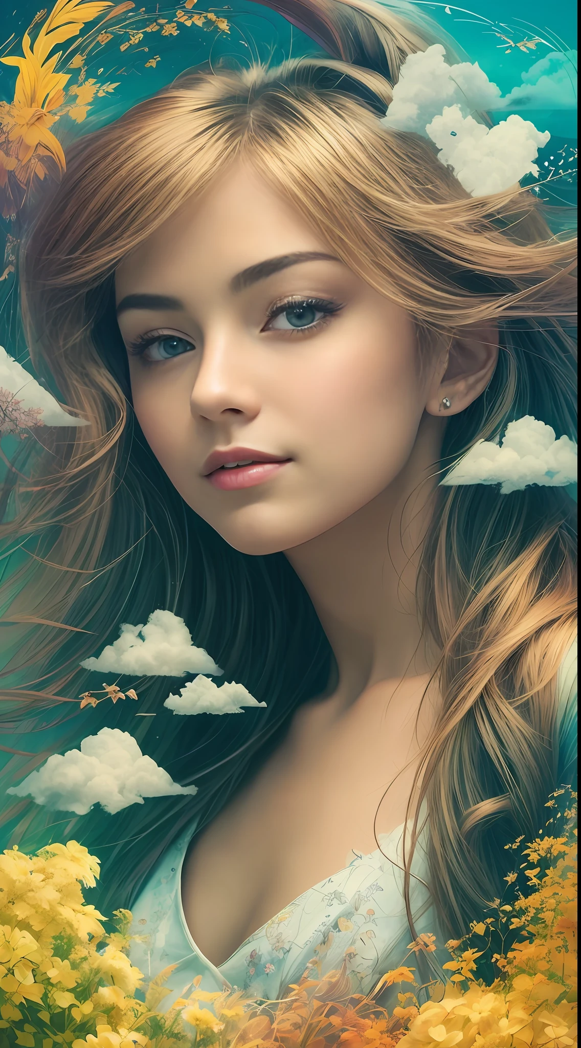 "An absolute masterpiece with the highest quality, this prompt depicts a stunning movie still featuring a captivating 1girl. She is gracefully floating in the sky, embodying the essence of a cloud girl. The scene is filled with fluffy clouds, and the focus is on a close-up shot, emphasizing the girl's enchanting beauty. The atmosphere is bright, exuding a sense of happiness and fun. The soft lighting enhances the overall allure. Adding a touch of artistic flair, let's incorporate elements of Bauhaus, with intriguing shapes, lines, and abstract motifs."