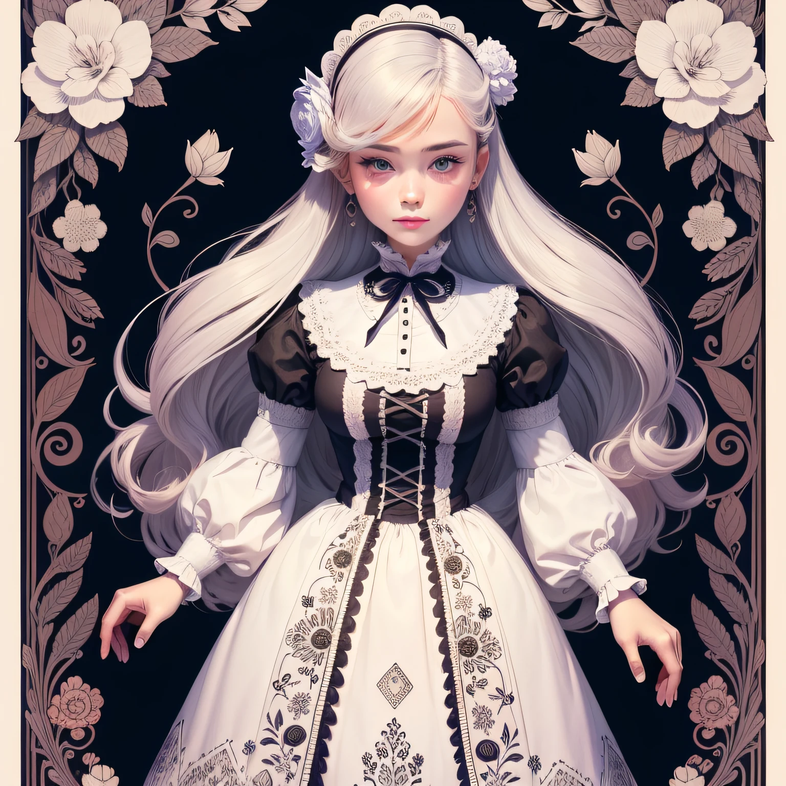 doll wearing beautiful clothes coloring page, Drawn in the style of Johanna Basford