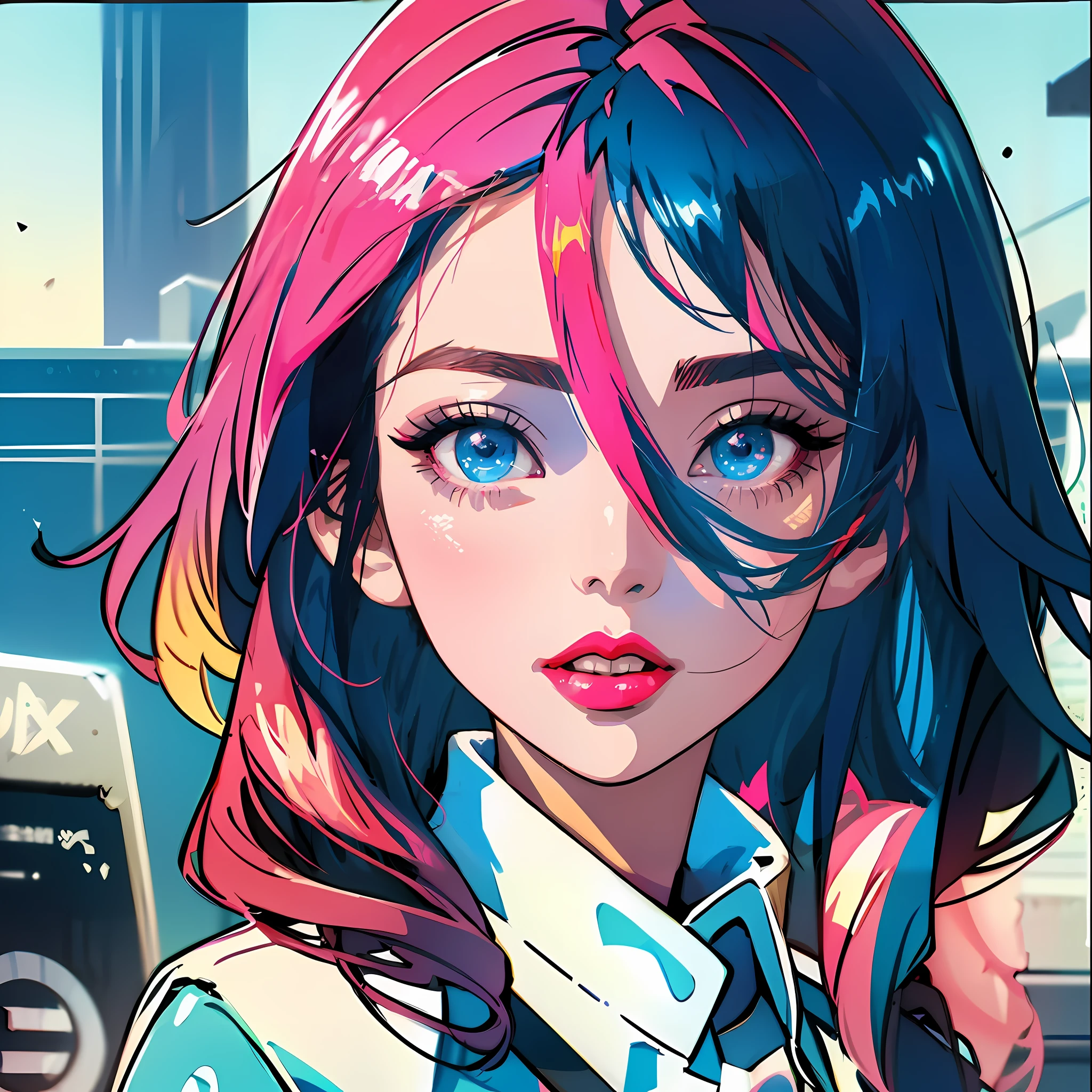 Anime girl with pink hair and blue eyes, Cyberpunk art style, Rosla 1. 0, rossdraws cartoon vibrant, lois van baarle and rossdraws, Digital cyberpunk anime art, loish art style, rossdraws 2. 0, anime styled digital art, cyberpunk artstyle, Anime style. 8K, digitl cyberpunk - anime art