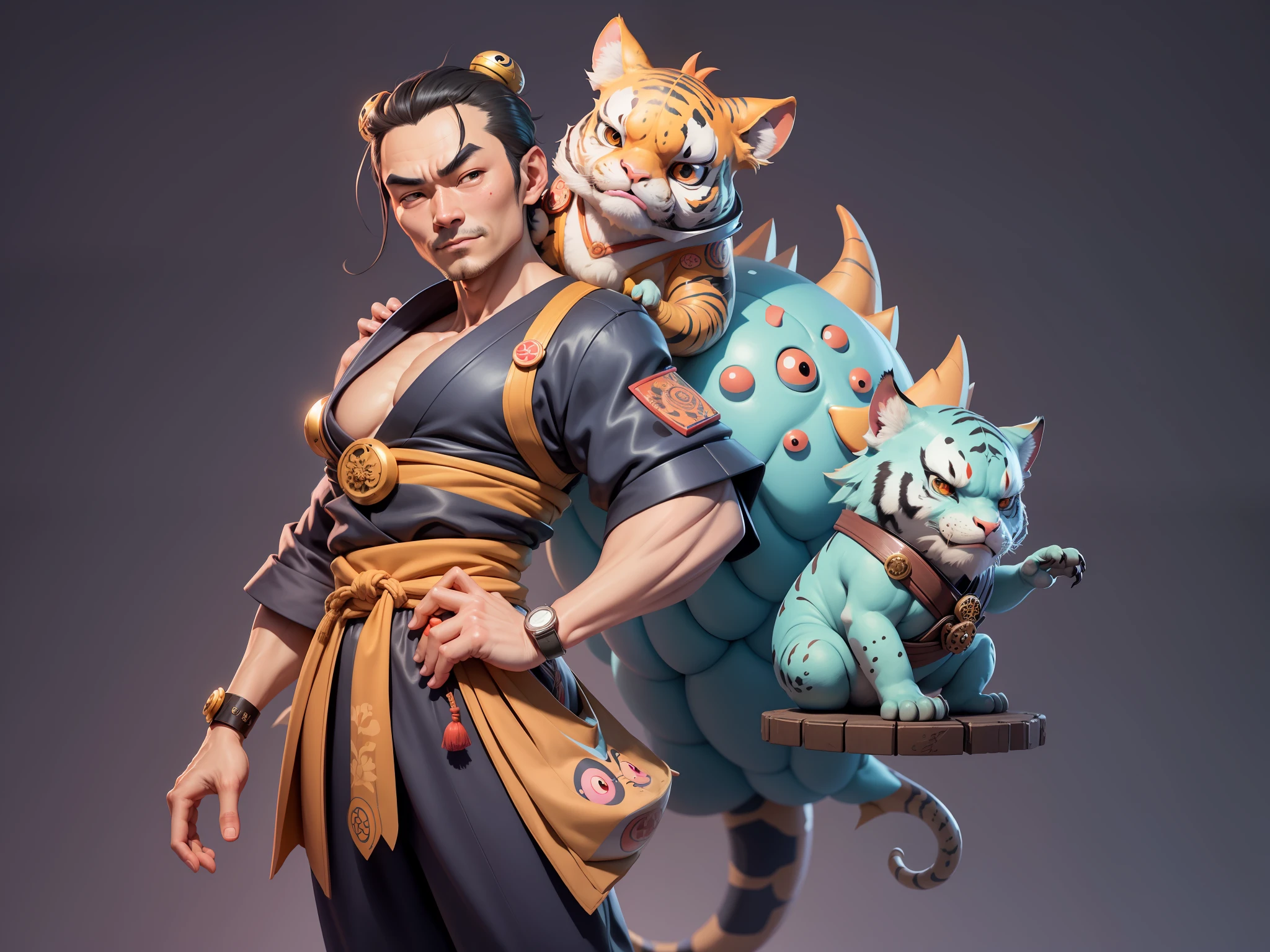 (Daisaku),(Need),(Super meticulous),(full bodyesbian:1.2),Japanese ukiyo-e girl，japanese geisha，Beautiful，Oriental dragon，one tiger，Aeolian Thor，Raised sexy，爆乳，Oriental face，TV Anchor，Bust portrait illustration，Alone，In black suit，a blue tie，The face is slightly chubby，The face was clean，without a beard，Black super short hair，Black eyes，Smile confidently，3C computer sub-products，iPad， iphone，Digital painting，3D character design by Mark Clairen and Pixar and Hayao Miyazaki and Akira Toriyama，The illustration is a high-definition illustration in 4K resolution，With very detailed facial features and cartoon-style visuals。