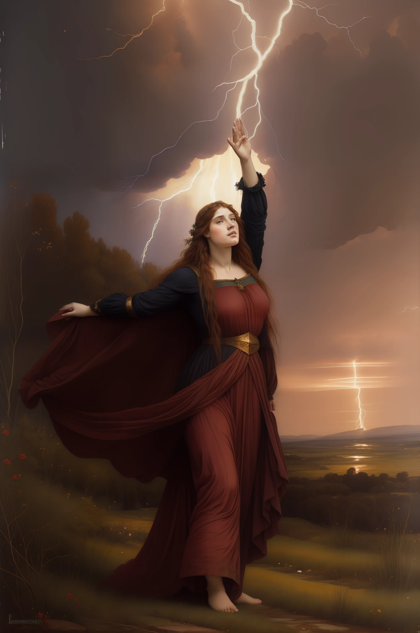 (((Pre Raphaelie Painting))) Nuvens de tempestade, A druid in worship with his arms raised to heaven, cabelos castanhos, espinheiro negro, Lightning crosses the sky, predominance of red tones, espinheiro-negro, enxofre, mistborn, nevoeiro, jantar misterioso