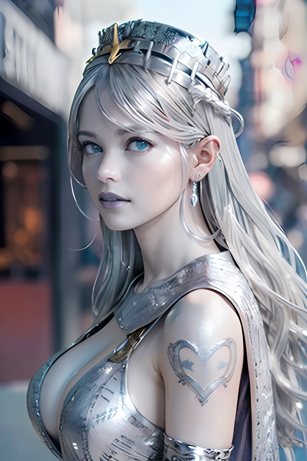 Ultra-detailed complex 3D rendering of the face, (masterpiece, top quality, octane rendering,), glamour shots full body image, very beautiful young elves, cleavage, (highly detailed skin: 1.2), (exposure: 1.1), ((blue micro bikini: 1.95)))). , 8k, (((very soft breasts)), (((conspicuous large pink areola)), beautiful Caucasian woman with white skin with full soft breasts with big buttocks, one, long braided hair, big breasts, dynamic angles, (((huge breasts: 2.4)), ultra-realistic photos, ((((((silver hair)))), futuristic urban background, facial muscles, (((((detailed and glamorous silver crown)))), In the style of Marvel Comics, ArtStation Trends, Clear Focus, Intricate Details, Very Detailed, Detailed Green Eyes, Sharp Focus, Digital Rendering, Professional, Abs, Lip Gloss, Glossy Skin, Sexy Pose, Golden Tattoo All Over Body, Silver Pattern All Over Body, Silver Lame Skin, Gold Glitter Skin, Mansuji, Buttocks, Jeweled All Over the Body, with silver scales, silver hair,