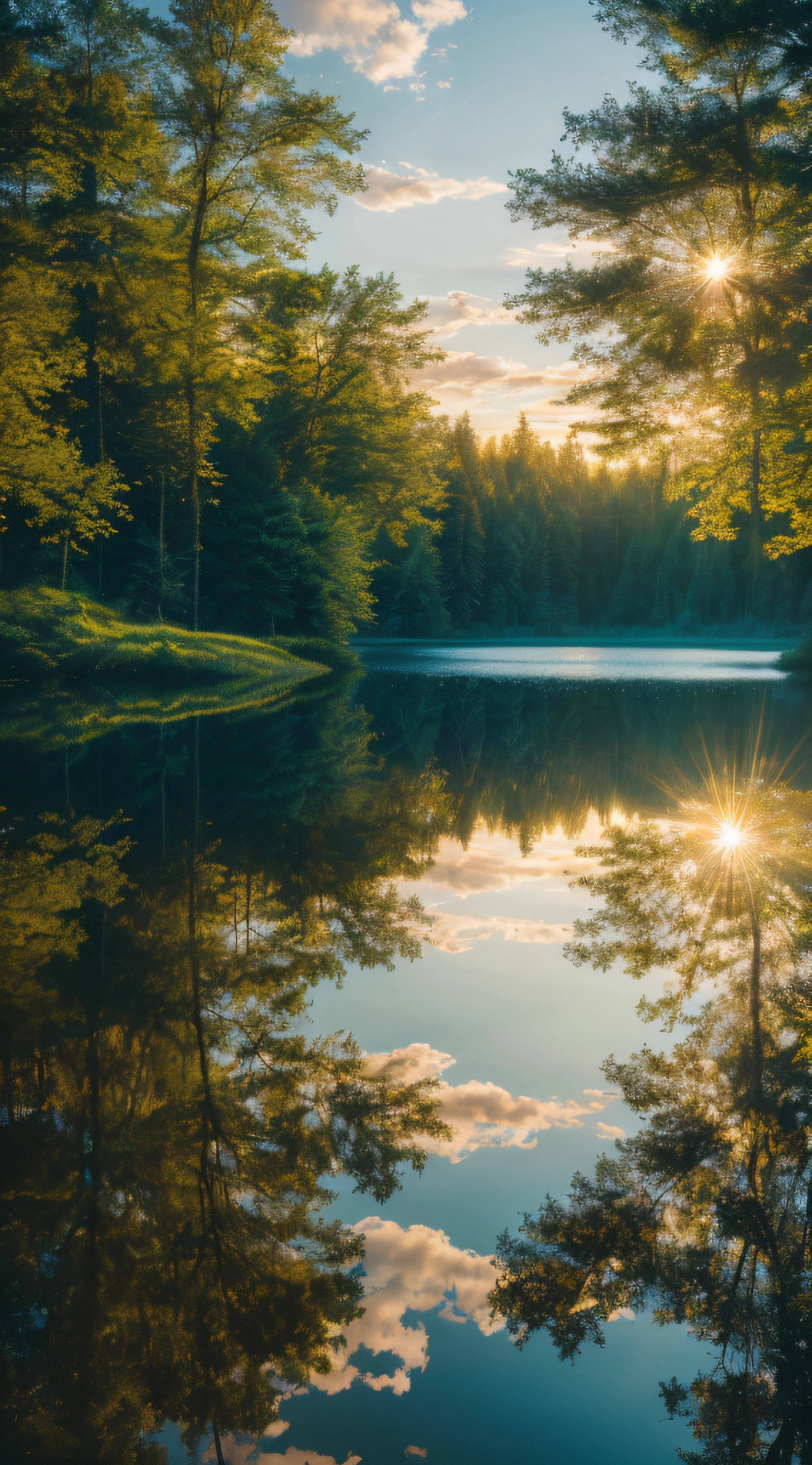 wallpaper, summer, lake, dawn, forest, detailed forest, clouds, masterpiece, cinematic, soft light, depth of field, ray tracing, reflection in water, realism, ulra detailed,