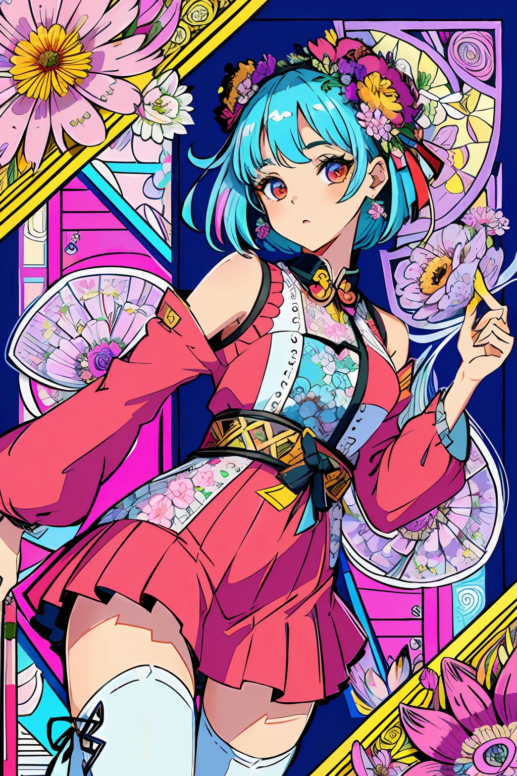(ultra-detailed background, detailed background), absurdres, highres, ultra detailed, extremly detailed, 1girl, (bunch of flowers:1.3), (zentangle:1.2), (geometric:1.2),(colorful),