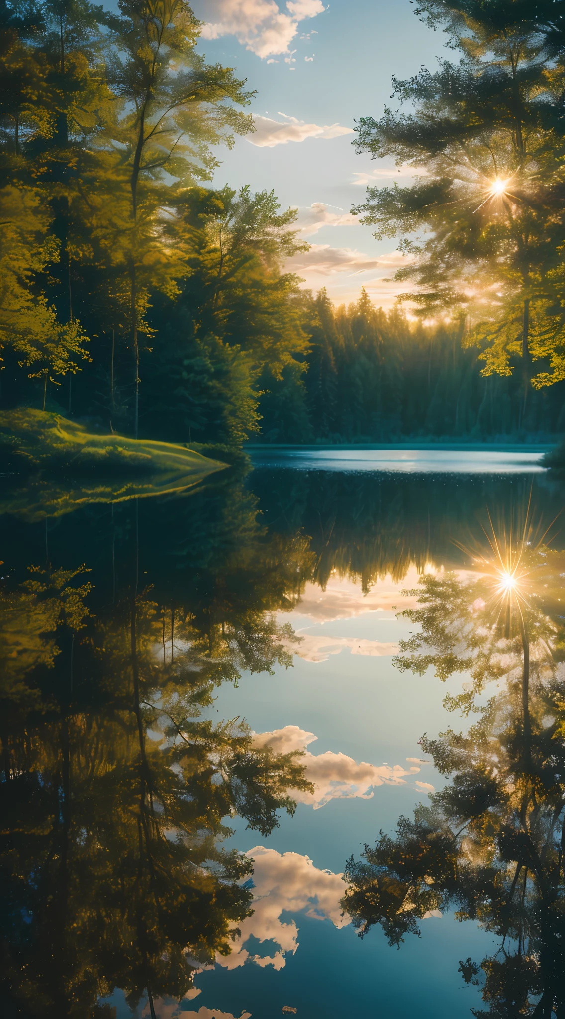 wallpaper, summer, lake, dawn, forest, detailed forest, clouds, masterpiece, cinematic, soft light, depth of field, ray tracing, reflection in water, realism, ulra detailed,