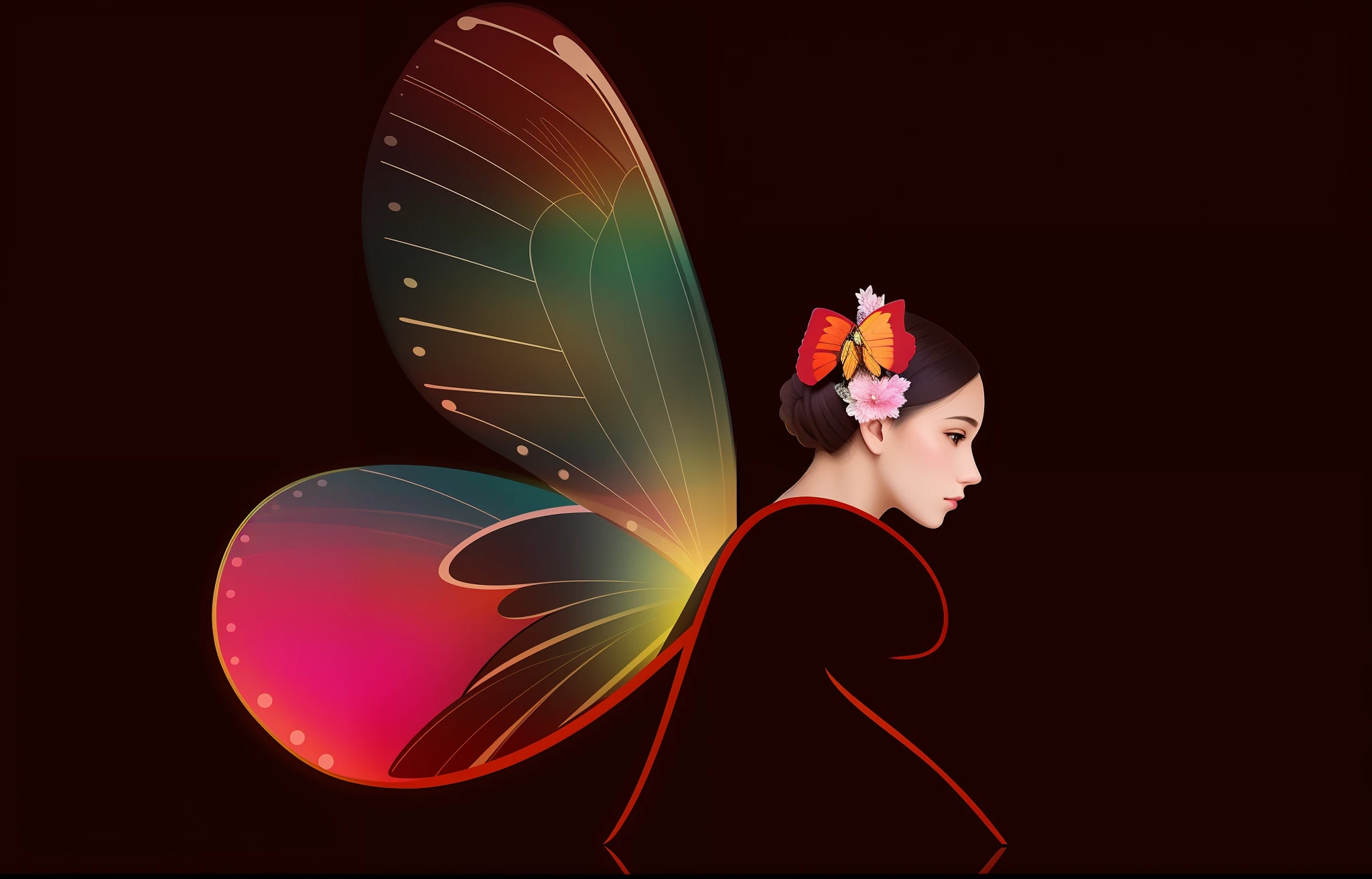 There is a woman with butterfly wings on her head, exquisite digital illustration, a beautiful artwork illustration, Meio-mulher Meio-borboleta, linda arte digital linda, bela arte digital, arte digital de um elegante, arte digital muito bonita, com belas asas, arte digital requintada, Gueixa da beleza, A Deusa Borboleta do Fogo, arte digital de alta qualidade, asas requintadas e bonitas