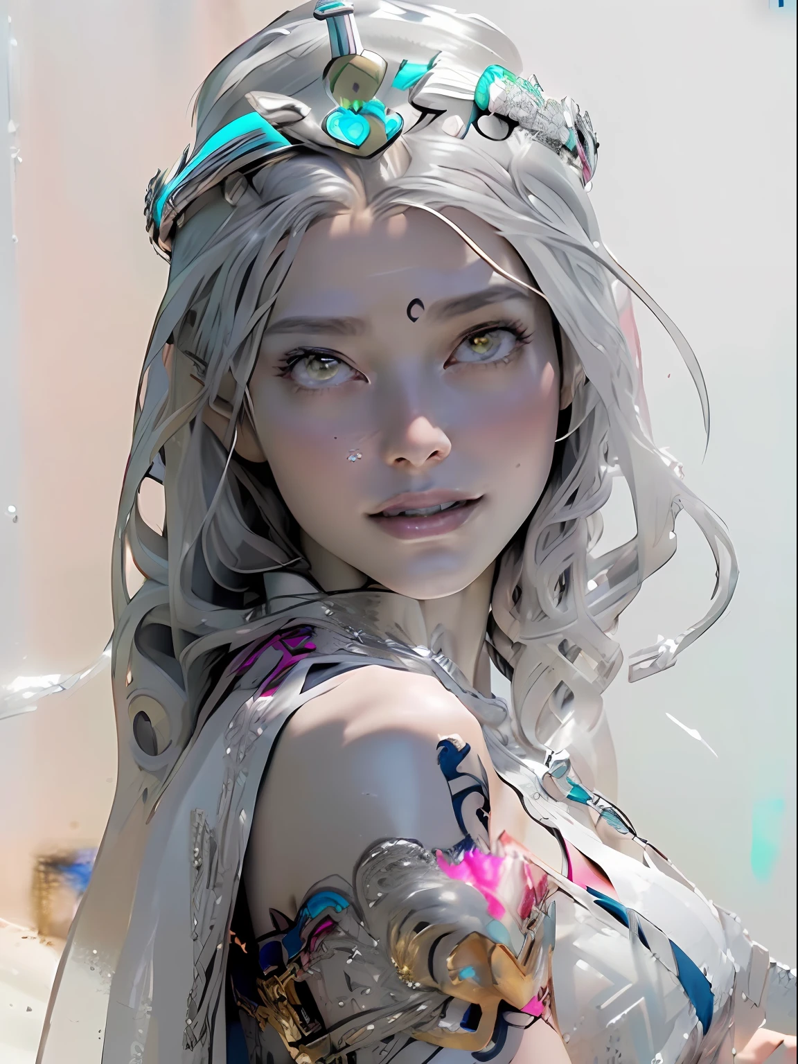 Ultra-detailed complex 3D rendering of the face, (masterpiece, top quality, octane rendering,), glamour shots full body image, very beautiful young elves, cleavage, (highly detailed skin: 1.2), (exposure: 1.1), ((blue micro bikini: 1.95)))). , 8k, (((very soft breasts)), (((conspicuous large pink areola)), beautiful Caucasian woman with white skin with full soft breasts with big buttocks, one, long braided hair, big breasts, dynamic angles, (((huge breasts: 2.4)), ultra-realistic photos, ((((((silver hair)))), futuristic urban background, facial muscles, (((((detailed and glamorous silver crown)))), In the style of Marvel Comics, ArtStation Trends, Clear Focus, Intricate Details, Very Detailed, Detailed Green Eyes, Sharp Focus, Digital Rendering, Professional, Abs, Lip Gloss, Glossy Skin, Sexy Pose, Golden Tattoo All Over Body, Silver Pattern All Over Body, Silver Lame Skin, Gold Glitter Skin, Mansuji, Buttocks, Jeweled All Over the Body, with silver scales, silver hair,