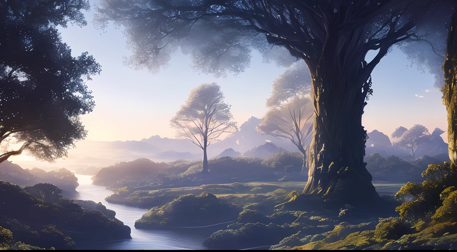 Illustration of a hyperrealistic , otherworldly, ultrasky scene featuring a giant crystal tree full body,very detailed and magical lighting, intricate forest details, vegetation and river around, solarpunk ,landscape, giant tree, beatifull leafy with beautiful lighting and realistic proportions, as if it were a cinematic background, 8k, highest quality, masterpiece, clouds and stars in the sky.