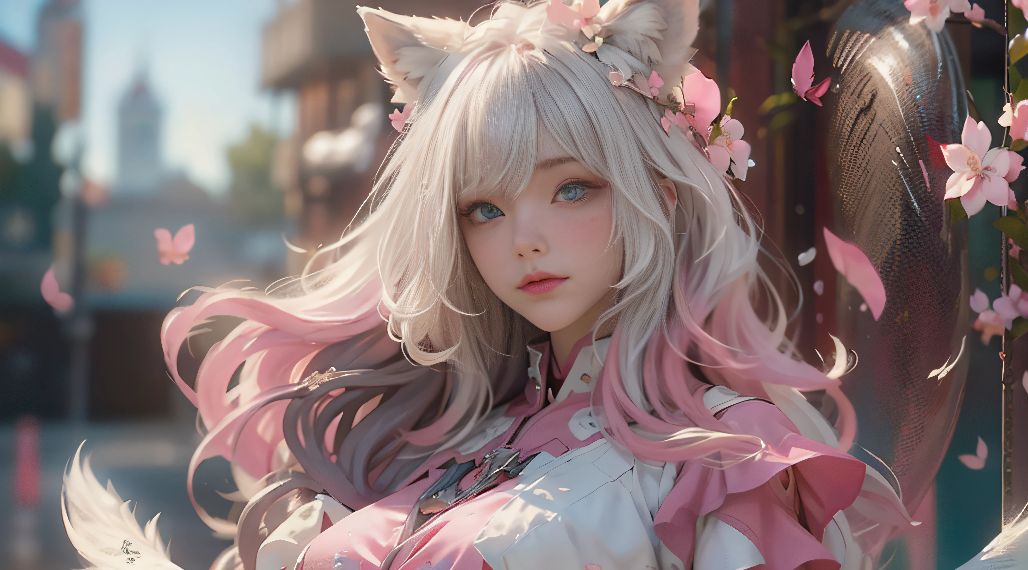 （（best qualtiy））， （（tmasterpiece））， （detail：1.4）， Beautiful cyberpunk female images，hdr（HighDynamicRange），Ray traching，NVIDIA RTX，Hyper-Resolution，illusory 5，sub surface scattering，PBR textures，post-proces，Anisotropy Filtering，depth of fields，maximum definition and sharpness，Many-Layer Textures，Albedo e mapas Speculares，Surface coloring，Mitsu-Accurate simulation of material interactions，perfectly proportioned，rendering by octane，Two-colored light，largeaperture，Low ISO，White balance，Rule three points、8K raw data、Beautiful bright blue pupils，off-the-shoulder clothes，Fine pupils，Delicate face and eyes，long eyelasher，Blushlush，Delicate and fluffy hair，pink lip，Pure，Cute face，Sweet girl，Artistic sense，Casual wear，Advancedsense，butterflys，Cherry blossom petal，Beautiful hair accessories，Long hair and waist，Hair fluttering in the wind，Snow-white fox ears，curlies，Snow-white fluffy tail