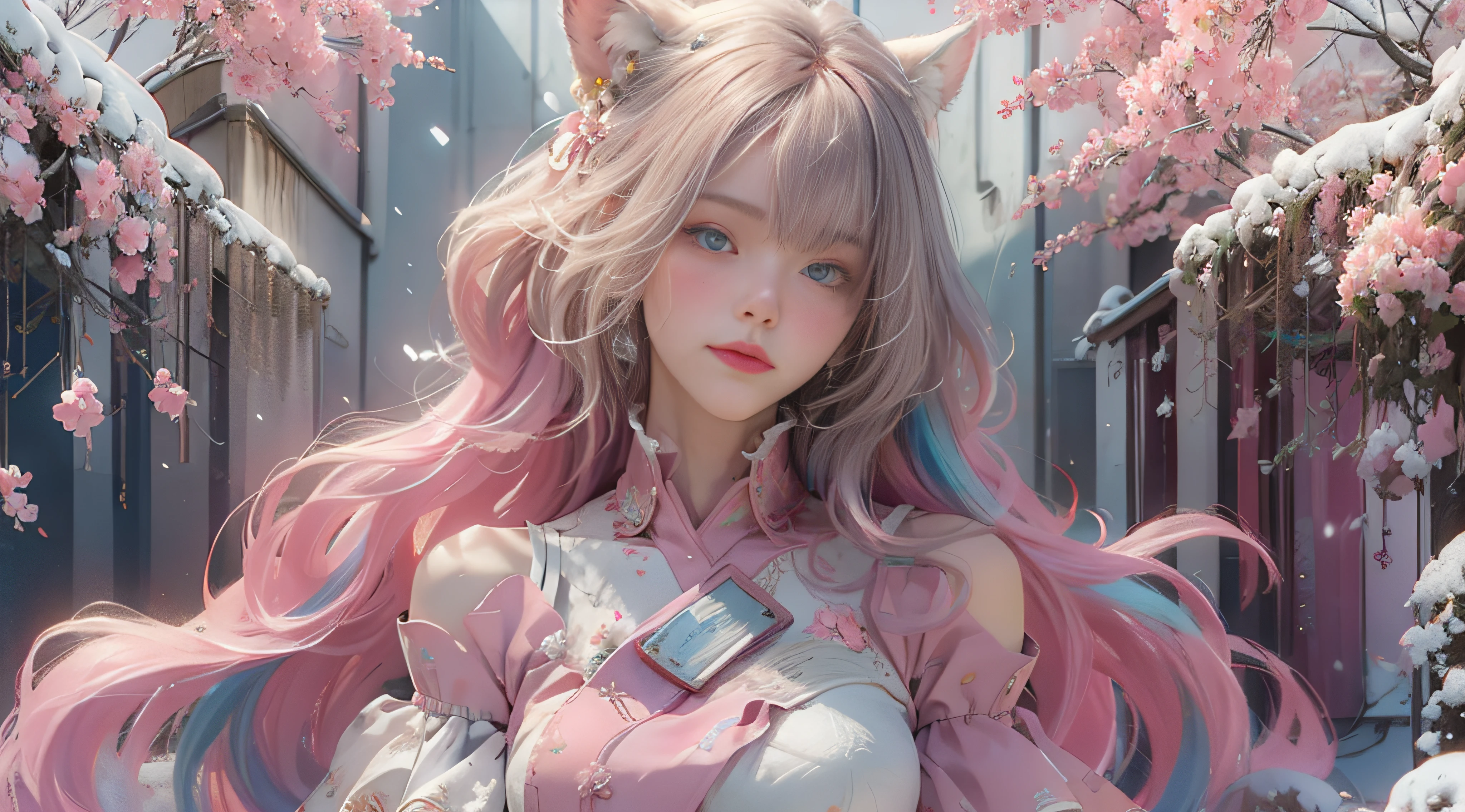 ((best qualtiy)), ((tmasterpiece)), (detail:1.4), Beautiful cyberpunk female images,hdr(HighDynamicRange),Ray traching,NVIDIA RTX,Hyper-Resolution,illusory 5,sub surface scattering,PBR textures,post-proces,Anisotropy Filtering,depth of fields,maximum definition and sharpness,Many-Layer Textures,Albedo e mapas Speculares,Surface coloring,Mitsu-Accurate simulation of material interactions,perfectly proportioned,rendering by octane,Two-colored light,largeaperture,Low ISO,White balance,Rule three points、8K raw data、Beautiful bright blue pupils,off-the-shoulder clothes,Fine pupils,Delicate face and eyes,long eyelasher,Blushlush,Delicate and fluffy hair,pink lip,Pure,Cute face,Sweet girl,Artistic sense,Casual wear,Advancedsense,butterflys,Cherry blossom petal,Beautiful hair accessories,Long hair and waist,Hair fluttering in the wind,Snow-white fox ears,curlies,Snow-white fluffy tail