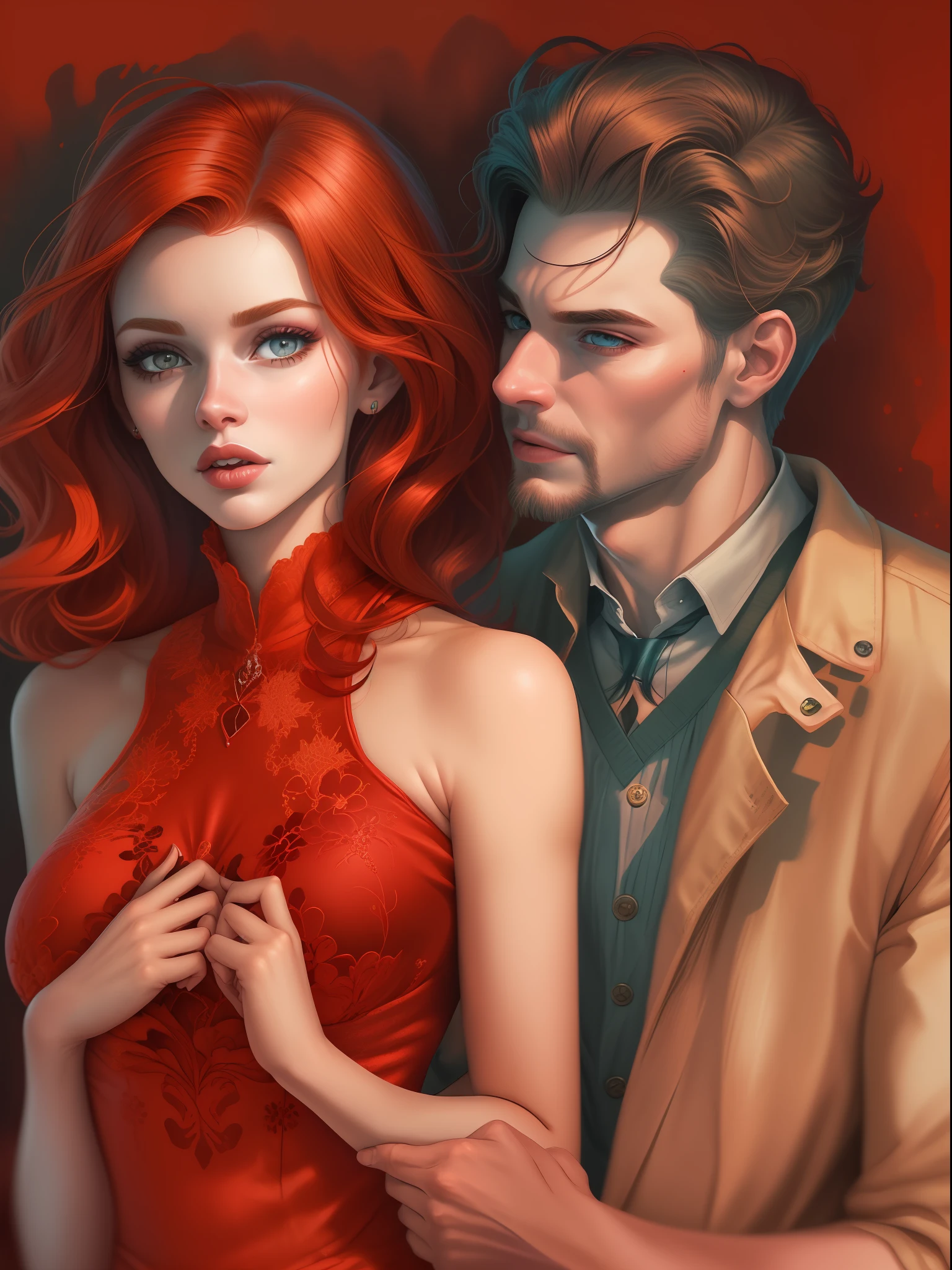 (Prompt), Illustration of couple, uma linda mulher ruiva, olhos azuis, vestindo vestido vermelho sensual, olhando para o espectador. homem com olhos azuis, cabelo loiro escuro, olhando apaixonado, levemente forte