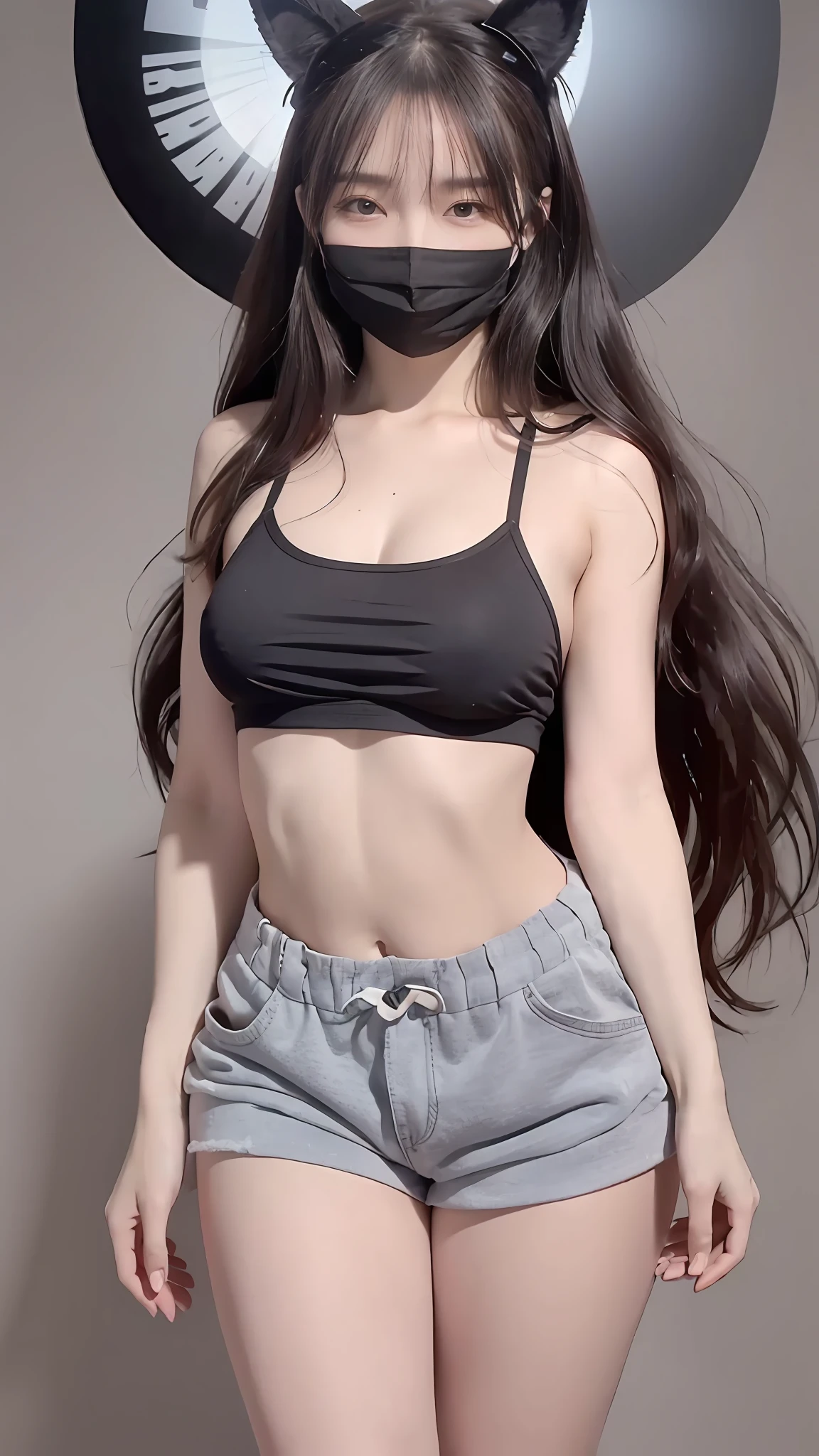 depth of fields,Wide,shorts,slippers, tank_top, night,(cat ear:1.5),the night,rays of moonlight,No man's street,Long legs,ssmile,Detailed eyes,depth of fields,Wide,fully body photo,Slender body,Long legs,sexy pose,(8K, RAW photos, best qualtiy, tmasterpiece:1.2),slippers, 1girll, Asians,huge tit, (black facemask:1.5), (Long black hair),Slender legs,Long legs, Grey_Background, looking at the viewers,, Huge_Breasts, nabel, nase,Bumpy figure,Long legs, Realistis, 独奏,shiny skins,Beautiful and delicate face,(美丽detailed eyes:1.3),(realisticlying,photograph realistic:1.3)