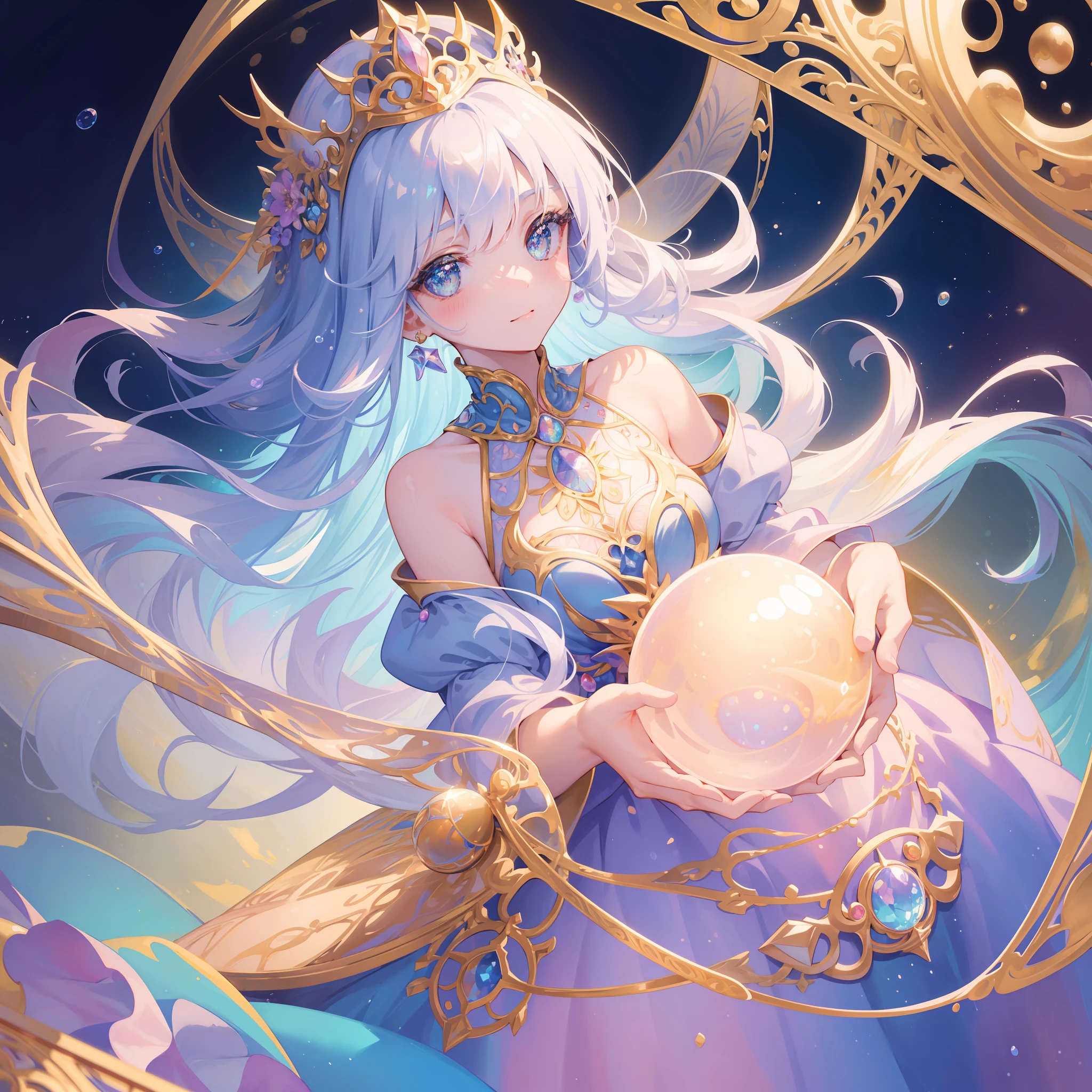 masterpiece, best quality, 8k resolution, sharp focus, intricate detail, beautiful girl, sparkling eyes, golden ratio face, otherworldly liquid, watercolor, ((pastel colors)), bright colors, whimsical, colorful, sharp focus, high resolution, fine detail, princess fantasy ballgown, ((round eyes)), iridescent bubbles, castle landscape in background