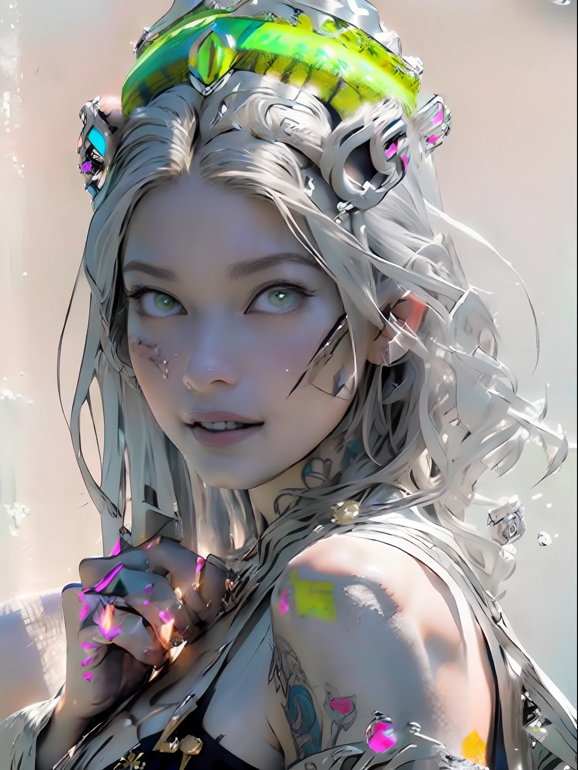 Ultra-detailed complex 3D rendering of the face, (masterpiece, top quality, octane rendering,), glamour shots full body image, very beautiful young elves, cleavage, (highly detailed skin: 1.2), (exposure: 1.1), ((blue micro bikini: 1.95)))). , 8k, (((very soft breasts)), (((conspicuous large pink areola)), beautiful Caucasian woman with white skin with full soft breasts with big buttocks, one, long braided hair, big breasts, dynamic angles, (((huge breasts: 2.4)), ultra-realistic photos, ((((((silver hair)))), futuristic urban background, facial muscles, (((((detailed and glamorous silver crown)))), In the style of Marvel Comics, ArtStation Trends, Clear Focus, Intricate Details, Very Detailed, Detailed Green Eyes, Sharp Focus, Digital Rendering, Professional, Abs, Lip Gloss, Glossy Skin, Sexy Pose, Golden Tattoo All Over Body, Silver Pattern All Over Body, Silver Lame Skin, Gold Glitter Skin, Mansuji, Buttocks, Jeweled All Over the Body, with silver scales, silver hair,