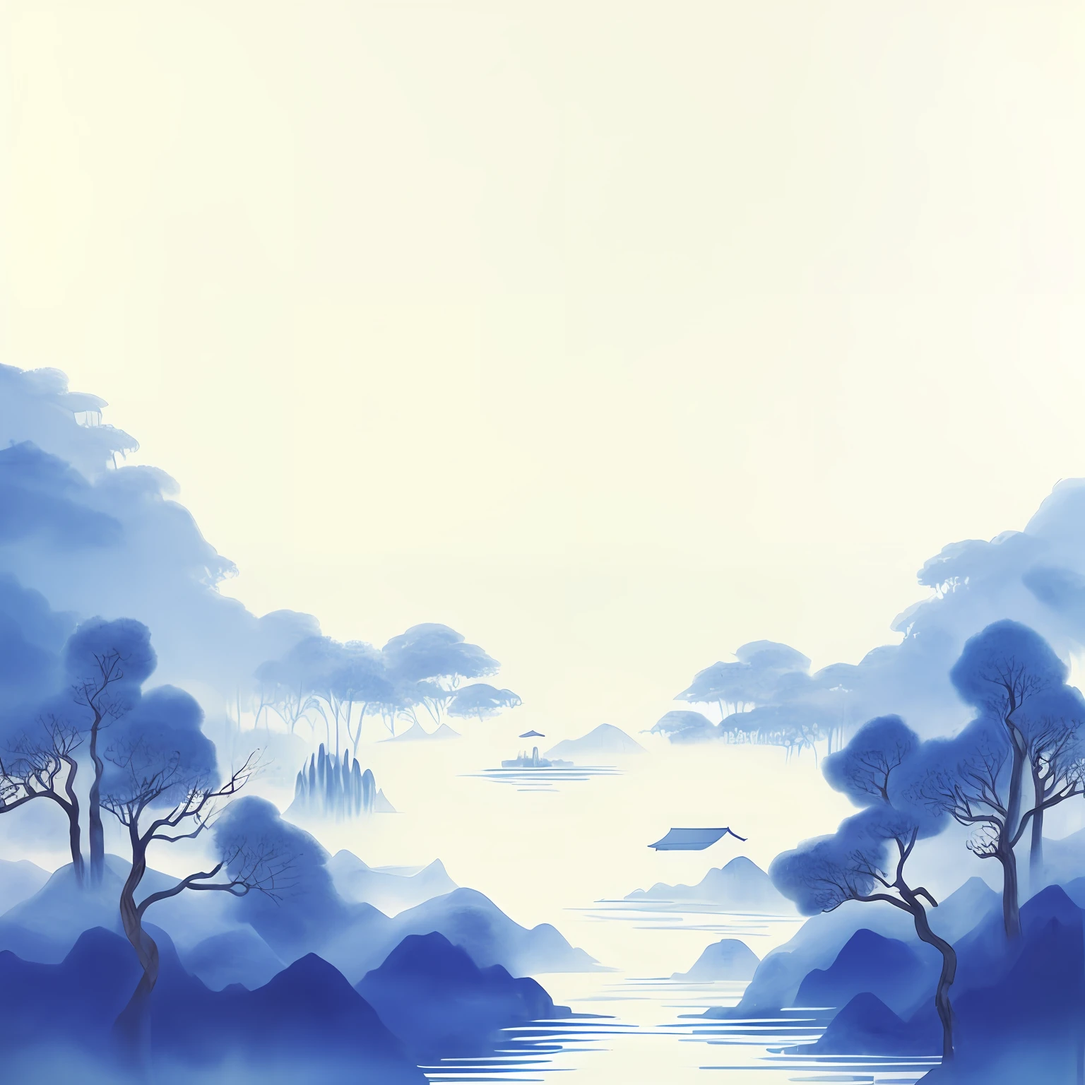 There is a painting of a lake,Trees and mountains in the background, Blue Forest, Chinese watercolor style, soft forest background, sky forest background, arte de fundo, Detailed scenery —width 672, Japanese style painting, Chinese painting style, landscape artwork, Chinese style painting, Blue fog, fairy tale style background, Mysterious blue mist, white fog painting, distant village background