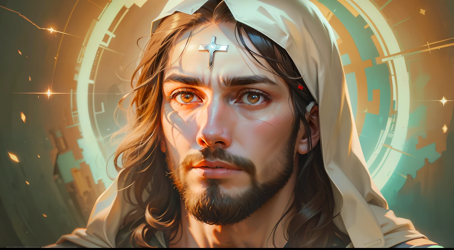 Imagem de um homem com cabelos longos e barba em um manto branco, Jesus Cristo, Retrato de Jesus Cristo, Jesus Cristo em Mass Effect, rosto de Jesus, arte conceitual de deus, Jovem Deus Todo-Poderoso, Jesus, Cyberpunk Jesus Cristo, fan art, glowing halo above his head, jesus of nazareth, Raios de Luz Sagrada Sagrada, O Senhor e Salvador