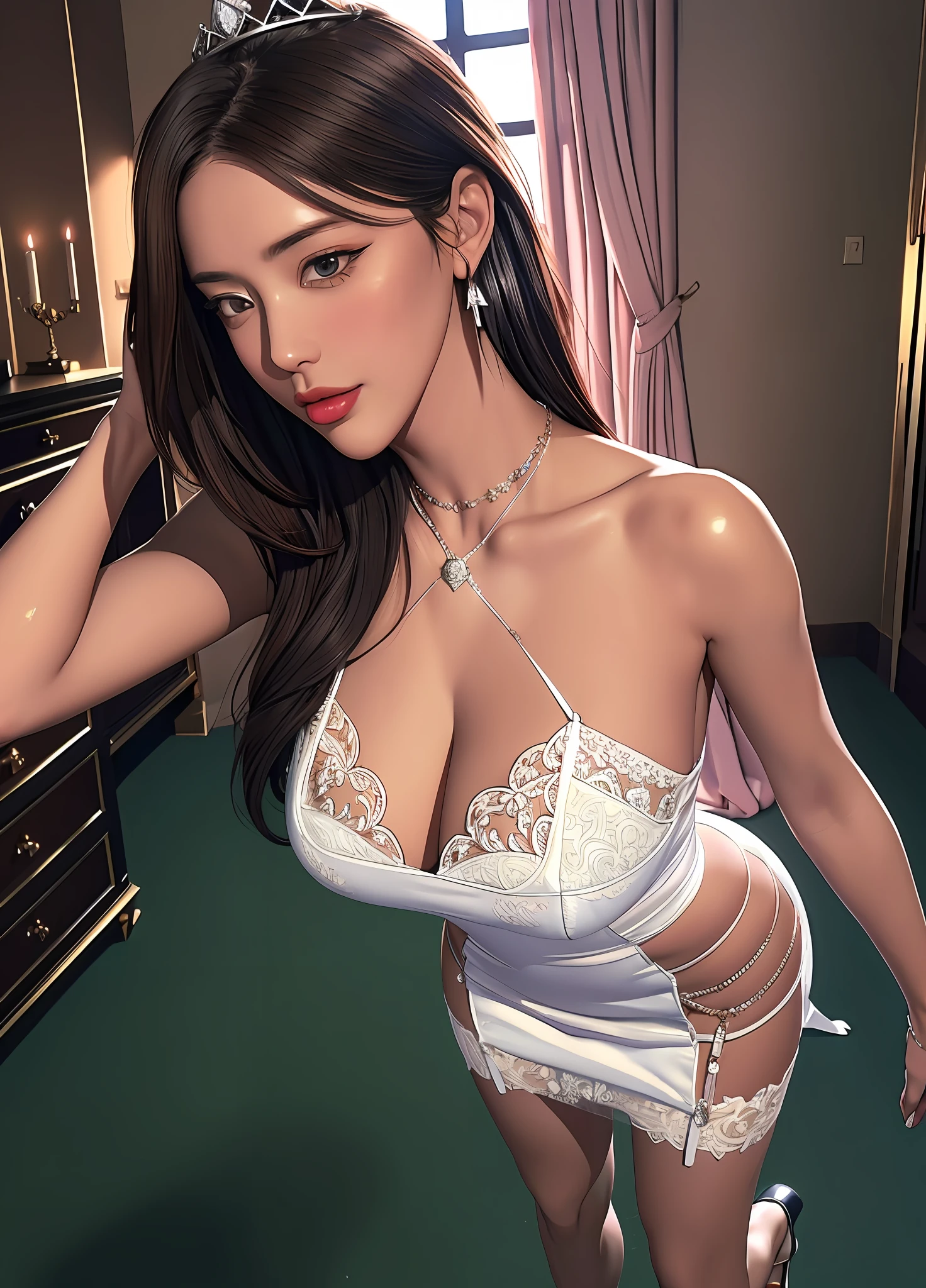 ((midynight, Need, 8K, tmasterpiece:1.3)), View Full Body 1:2,Long legs, Focalors:1.2, Supermodel beauty:1.4,The ratio of the upper body to the lower body itself5:8,Slender thighs,Height 1.8 meters,Four-pack abs,Fitness trainer,Waist 63, ((Long dark brown hair, huge tit:1.2 )), (standing on your feet:1.2), ((,inside a room:1.3)), Highly detailed facial and skin texture, photography of,tmasterpiece,best qualtiy,dark grey background,Red gemstone high heels((1 plump stretch M cup breast,Until waiting to be worn,a variety of poses。breasts out,Super detailed face,No underwear,Obscene and coquettish pose,White-gold trimmed sheer lace strap wedding dress,Precious masonry necklace,Precious masonry earrings,Queen's Crown,Cover eyes with fuchsia gauze, Orgasm sticks out of the tongue,squating,legs separated,Rub your chest vigorously,A man stood behind him