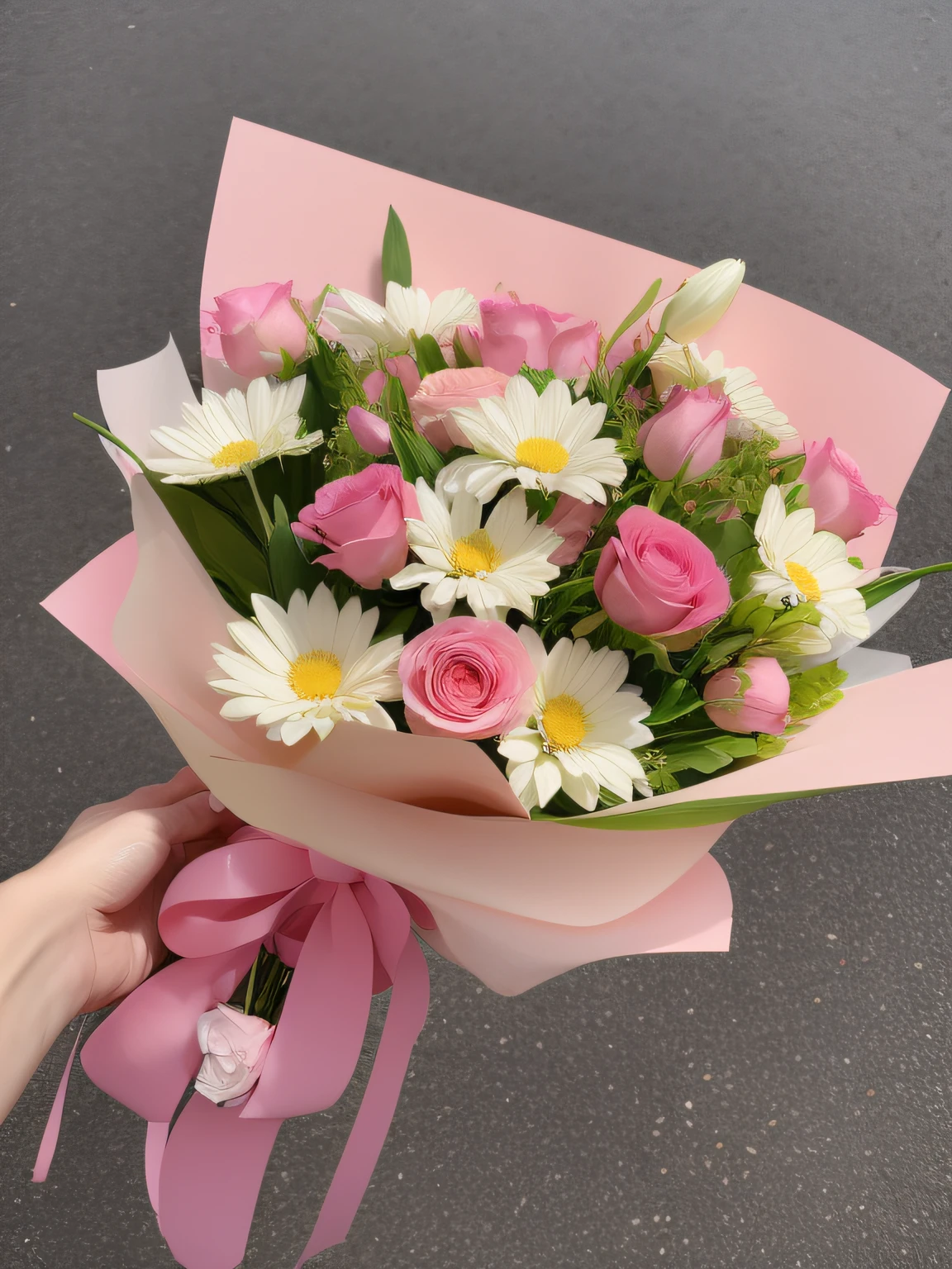 Someone was on the street with a bouquet of flowers，It is tied with a pink ribbon, Roses and tulips, elegant flowers, Bouquet, pastel roses, Lovely, flower bouquet, 🎀 🗡 🍓 🧚, With flowers, Pink flowers, Holding flowers, Colorful bouquets, Pink pastels, 🎀 🧟 🍓 🧚, rose in hand, heaven pink, beautiful  flowers, Very sweet