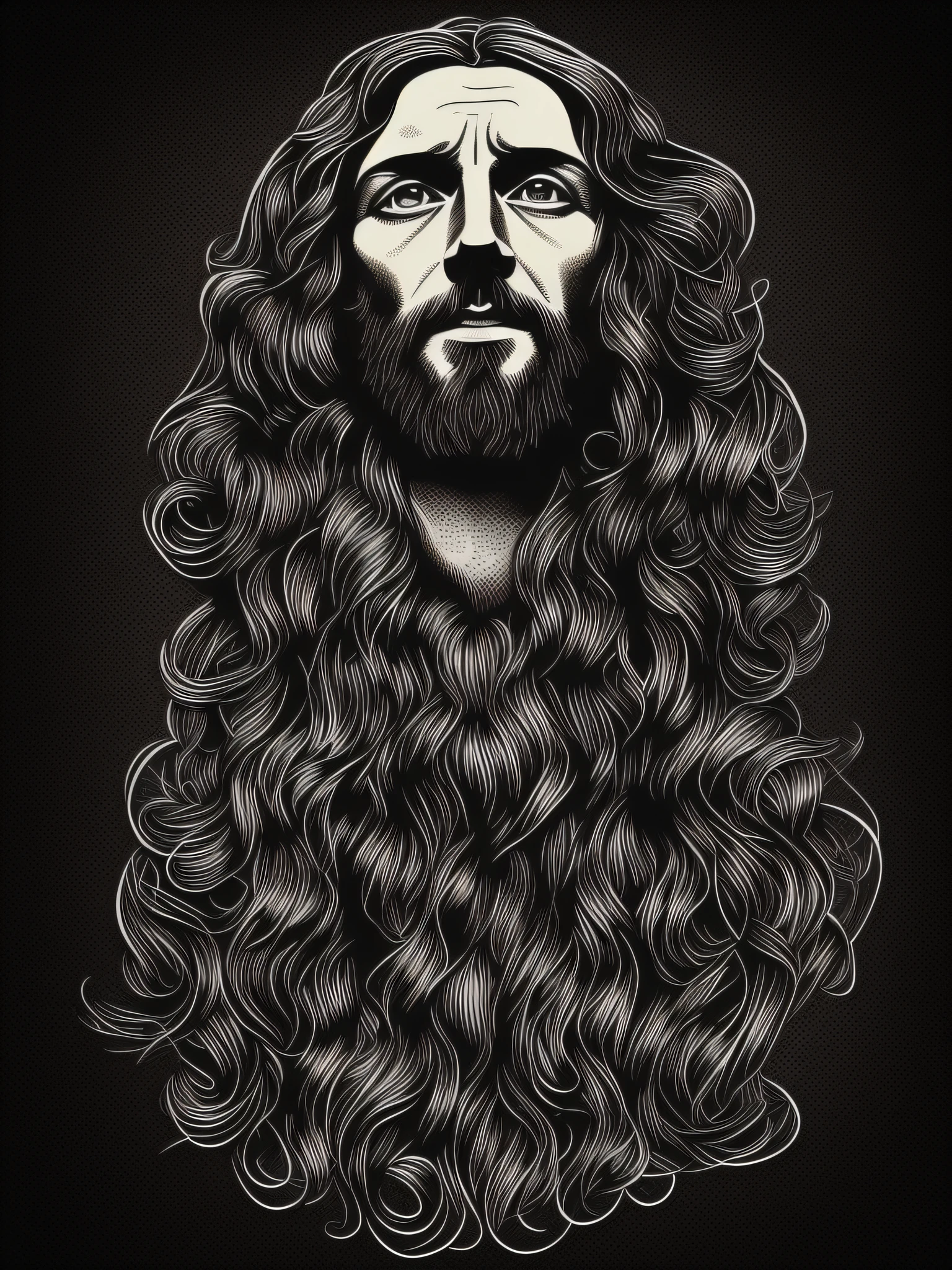 jesus, t-shirt art, 2D, ((black background :1, 5)), vector, vivid colors, masterpiece, best quality, intricate details, perfect symmetrical face, realistic details, gothic theme, rim light, moonlight, cinematic shading, Greg Rutkowisk