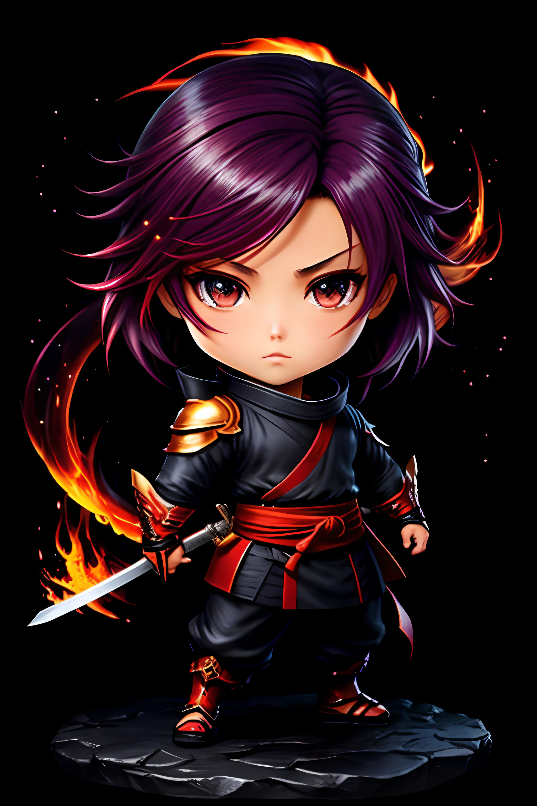 a ninja,sword,character,chibi,Real,fine art, starry skies, flame,Lovestar,
yang08k, photography, beautiful,  colourfull,realisitic,
Masterpieces, Top  Quality, Best Quality, Official Art, Beautiful and aesthetic,