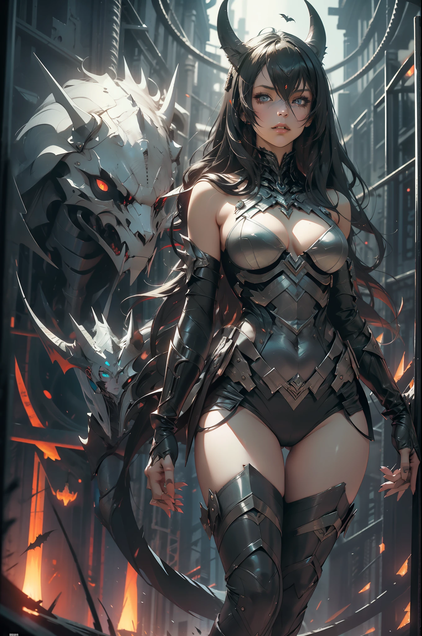 The dark knight's Bat-woman (1girl) is imposing in a lost Gothic city. Moonlight highlights her slender body of large breasts, The scenery is lush and mysterious, with futuristic technology and surroundings. The camera details everything, a warrior woman, in front of him.