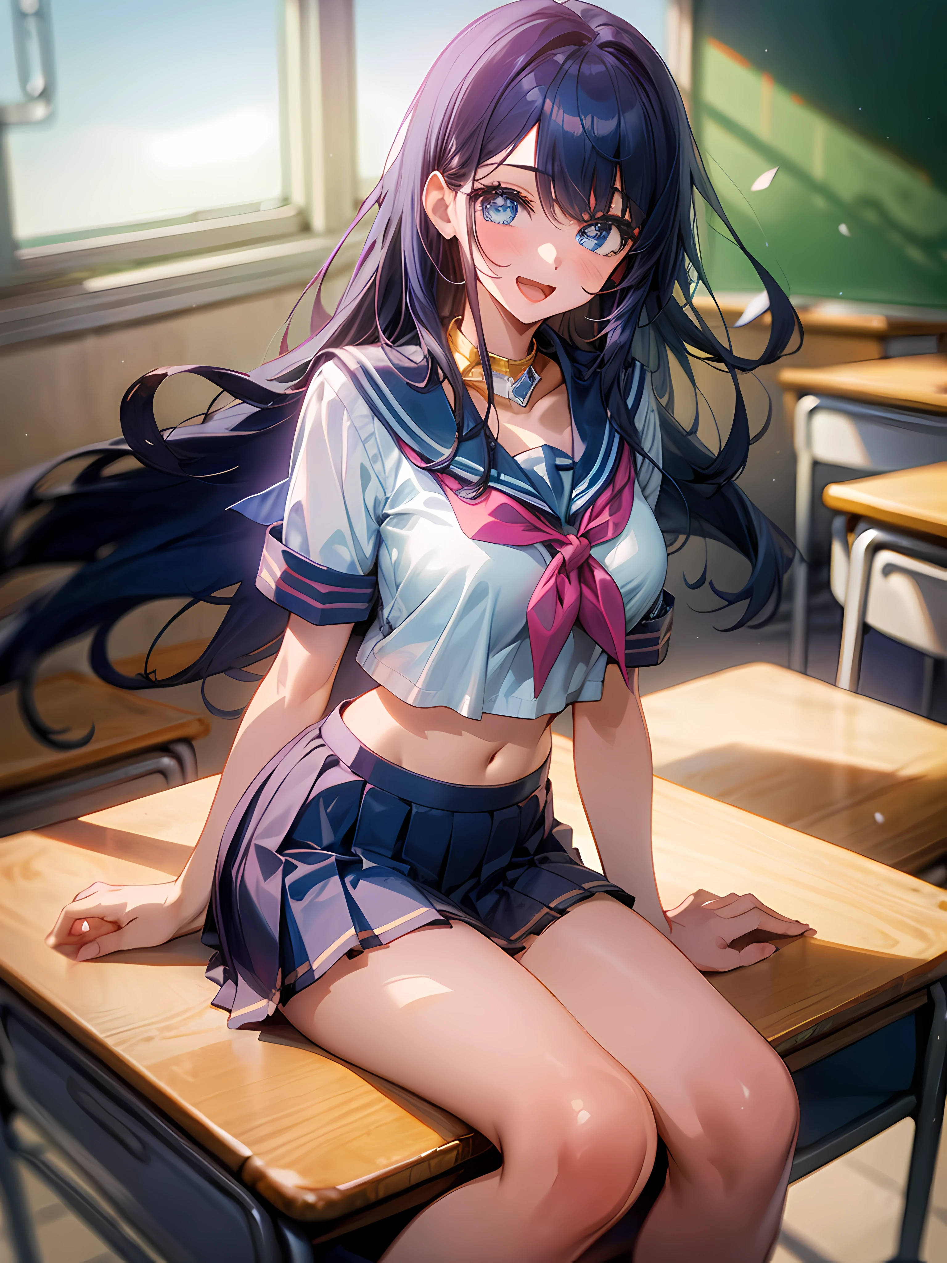 1girll, sitting on the classroom desk, ‎Classroom, Blowing hair, Long hair, blue color eyes,Shining eyes,Detailed eyes,Skirt, Solo, upper legs, Sailor school uniform, navel, Pleated skirt, midriff, Blue eyes, White shirt, Collar, Smile, Medium breasts, view the viewer, Open mouth,,Large breasts,