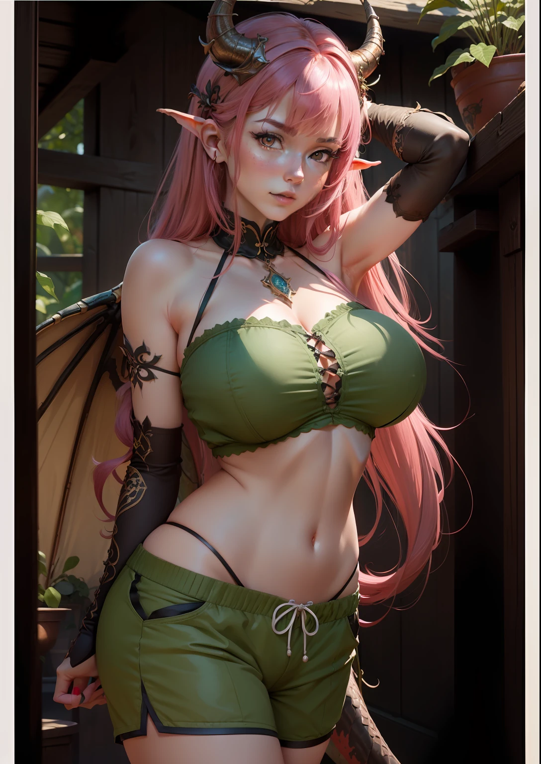 masterpiece, top quality, high resolution, fine detail, incredibly detailed and beautiful, different_images, 1 girl, solo, dragon ping horns, dragon ping horns, dragon ping horns, from below, dark pink hair, red eyes, dragon ping horns, (big tits), (lower chest), outdoor, plants, botanical garden, dolphin shorts, arms behind