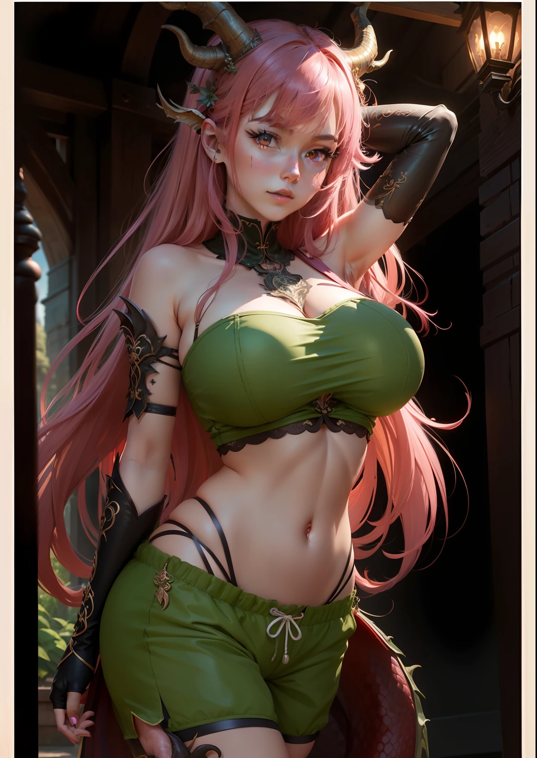 masterpiece, top quality, high resolution, fine detail, incredibly detailed and beautiful, different_images, 1 girl, solo, dragon ping horns, dragon ping horns, dragon ping horns, from below, dark pink hair, red eyes, dragon ping horns, (big tits), (lower chest), outdoor, plants, botanical garden, dolphin shorts, arms behind