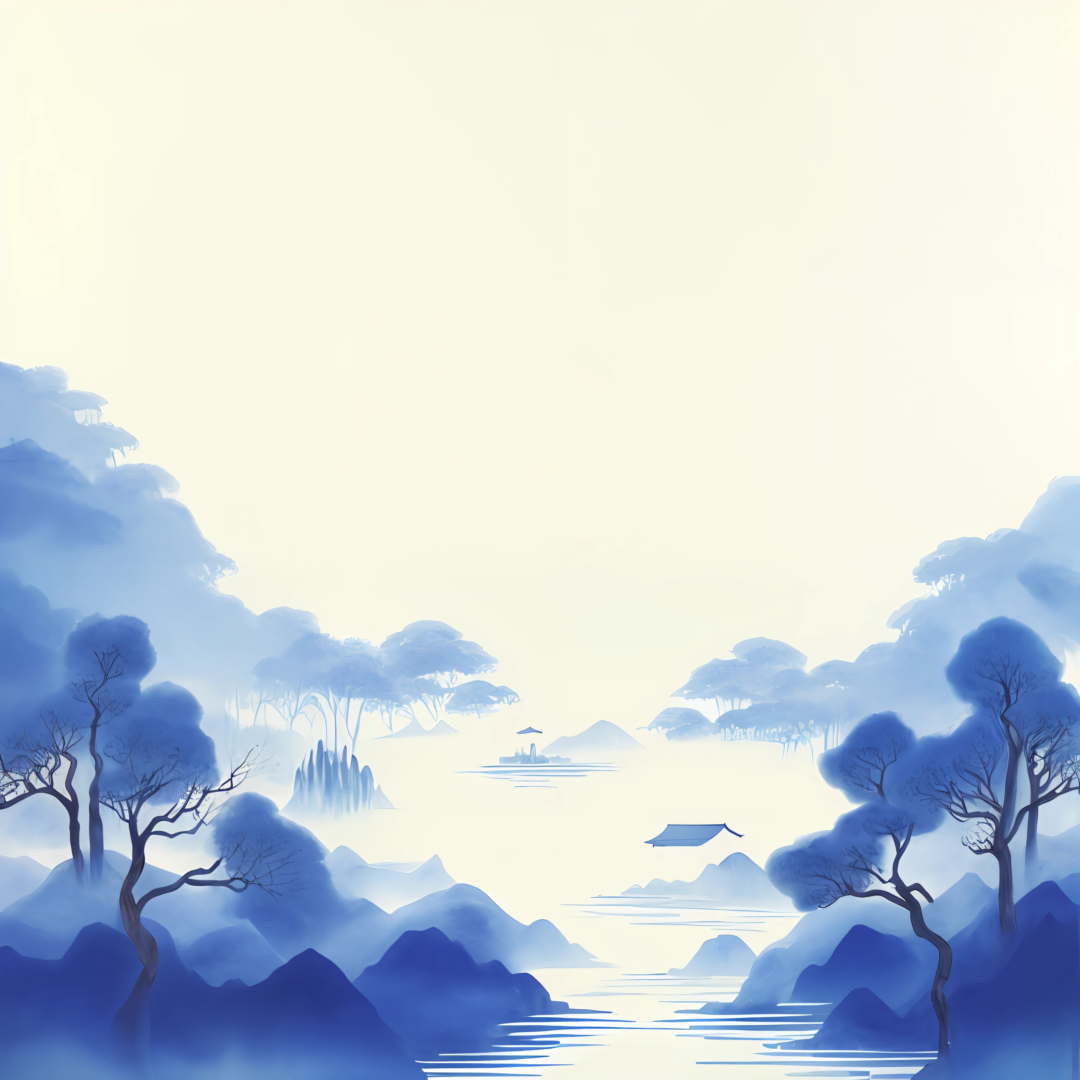 There is a painting of a lake,Trees and mountains in the background, Blue Forest, Chinese watercolor style, soft forest background, sky forest background, arte de fundo, Detailed scenery —width 672, Japanese style painting, Chinese painting style, landscape artwork, Chinese style painting, Blue fog, fairy tale style background, Mysterious blue mist, white fog painting, distant village background