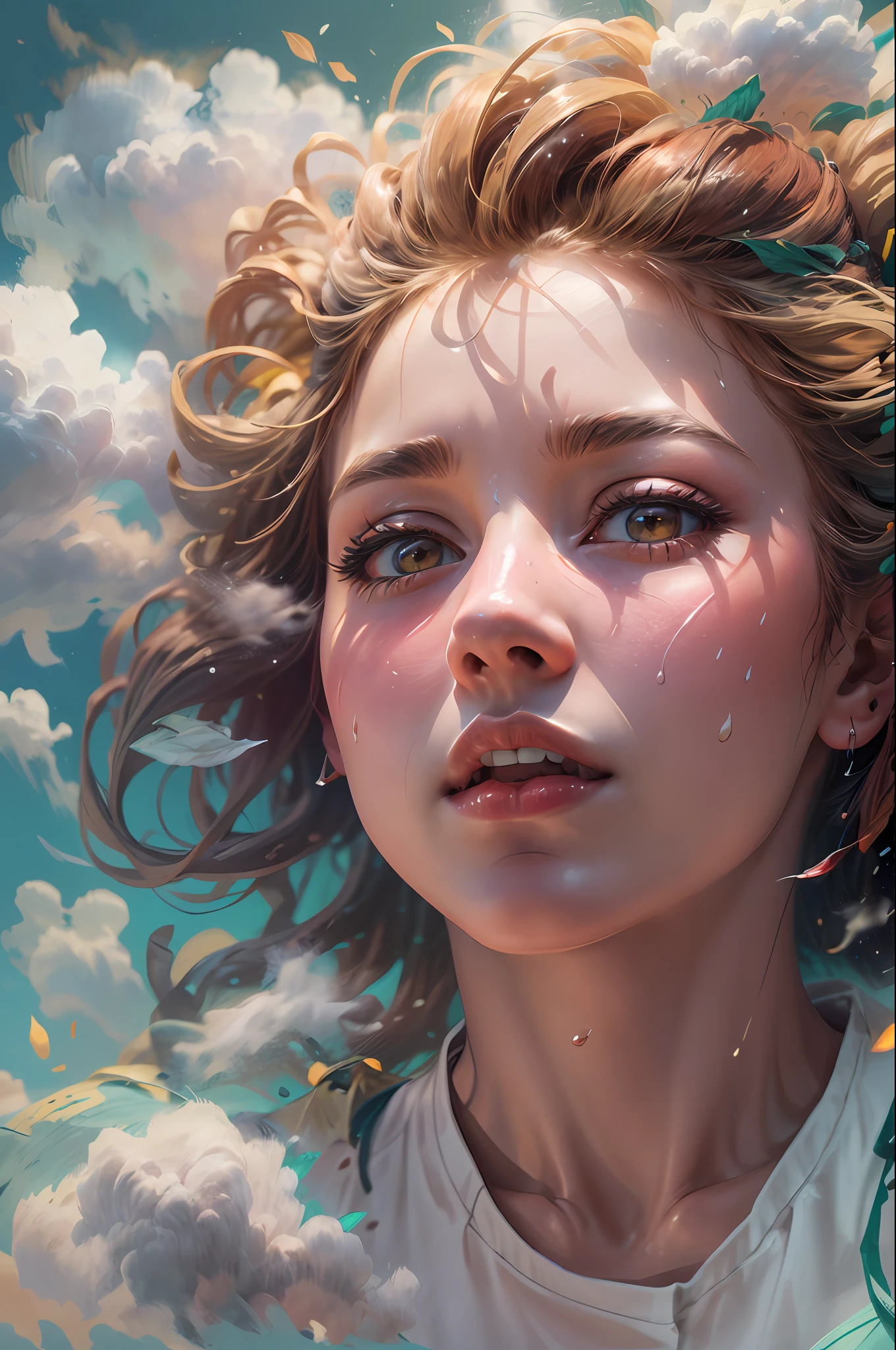 (level difference:1.8),(Paint colliding and splashing on the canvas),(depth of field), "An absolute masterpiece with the highest quality, this prompt depicts a stunning movie still featuring a captivating 1girl. She is gracefully floating in the sky, embodying the essence of a cloud girl. The scene is filled with fluffy clouds, and the focus is on a close-up shot, emphasizing the girl's enchanting beauty. The atmosphere is bright, exuding a sense of happiness and fun. The soft lighting enhances the overall allure. Adding a touch of artistic flair, let's incorporate elements of Bauhaus, with intriguing shapes, lines, and abstract motifs."