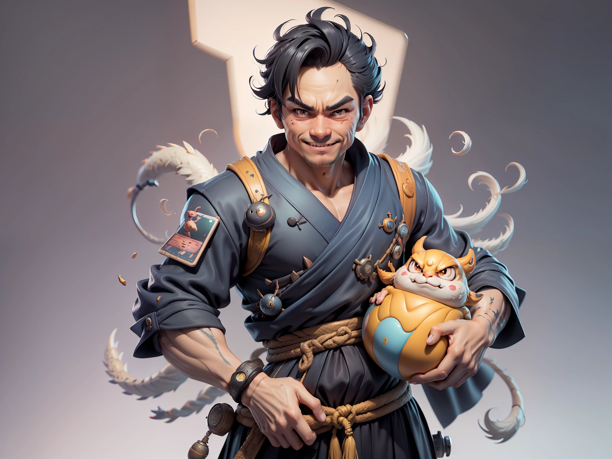 (Daisaku),(Need),(Super meticulous),(full bodyesbian:1.2),Super young man with Japanese geisha,Beautiful,Oriental dragon,Aeolian Thor,Raised sexy,爆乳,Oriental face,TV Anchor,Bust portrait illustration,In black suit,a blue tie,The face is slightly chubby,The face was clean,without a beard,Black super short hair,Black eyes,Smile confidently,3C computer sub-products,iPad, iphone,Digital painting,3D character design by Mark Clairen and Pixar and Hayao Miyazaki and Akira Toriyama,The illustration is a high-definition illustration in 4K resolution,With very detailed facial features and cartoon-style visuals。