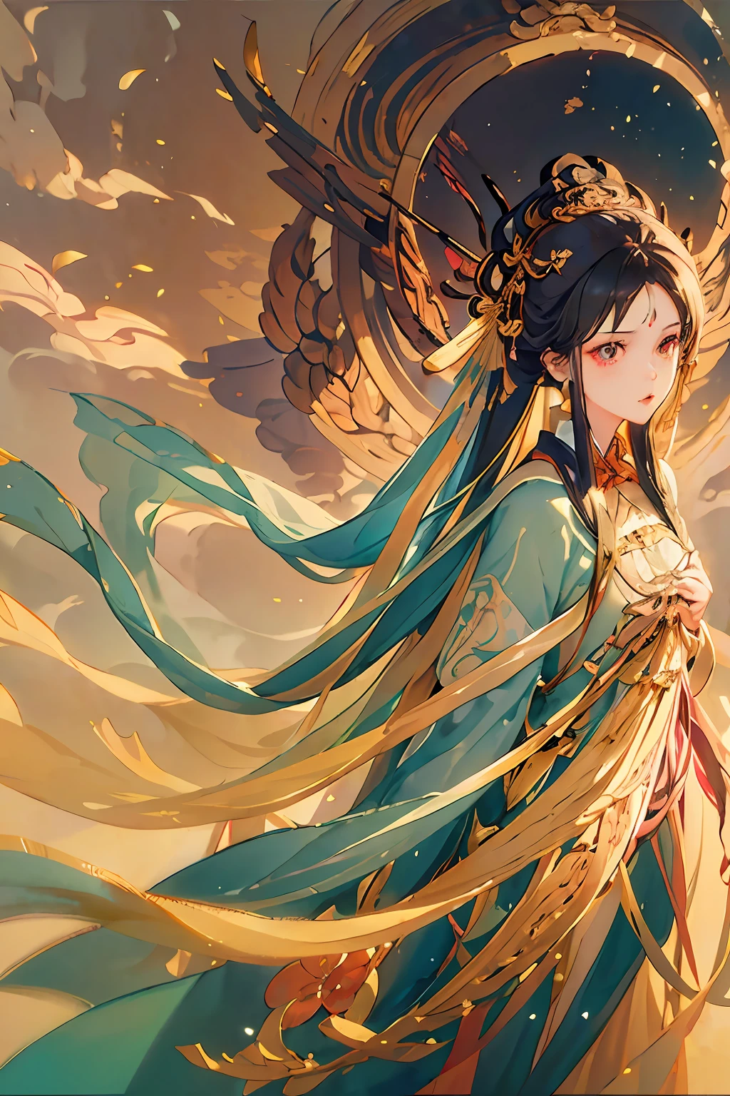 (Realistic, Portrait: 1.3), Intricate Detail, Full Body, Medium and Long Range, Painting, Chinese Style, White Fluttering, 1girl, Solo, Long Hair, Wind, Gorgeous Face, Best Quality, Masterpiece, Maximum Detail, Diffuse Lighting, (Brunet: 1.3) Center Composition, Poster Design