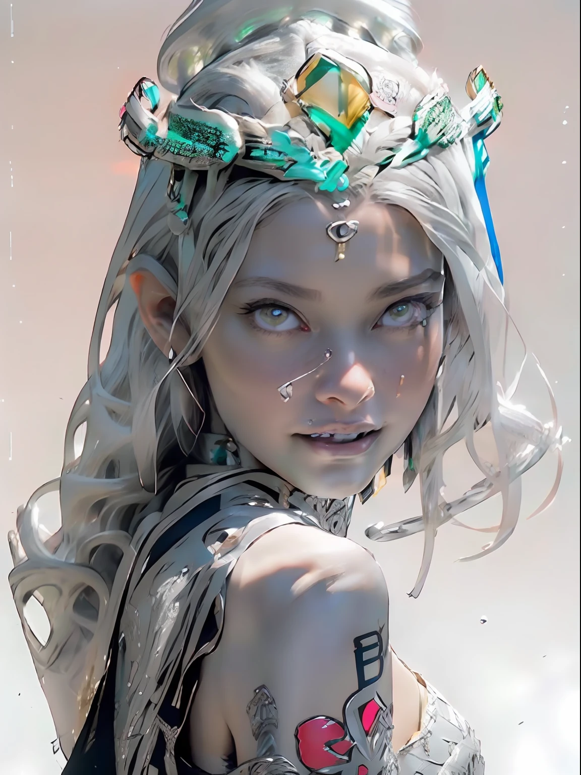 Ultra-detailed complex 3D rendering of the face, (masterpiece, top quality, octane rendering,), glamour shots full body image, very beautiful young elves, cleavage, (highly detailed skin: 1.2), (exposure: 1.1), ((blue micro bikini: 1.95)))). , 8k, (((very soft breasts)), (((conspicuous large pink areola)), beautiful Caucasian woman with white skin with full soft breasts with big buttocks, one, long braided hair, big breasts, dynamic angles, (((huge breasts: 2.4)), ultra-realistic photos, ((((((silver hair)))), futuristic urban background, facial muscles, (((((detailed and glamorous silver crown)))), In the style of Marvel Comics, ArtStation Trends, Clear Focus, Intricate Details, Very Detailed, Detailed Green Eyes, Sharp Focus, Digital Rendering, Professional, Abs, Lip Gloss, Glossy Skin, Sexy Pose, Golden Tattoo All Over Body, Silver Pattern All Over Body, Silver Lame Skin, Gold Glitter Skin, Mansuji, Buttocks, Jeweled All Over the Body, with silver scales, silver hair,
