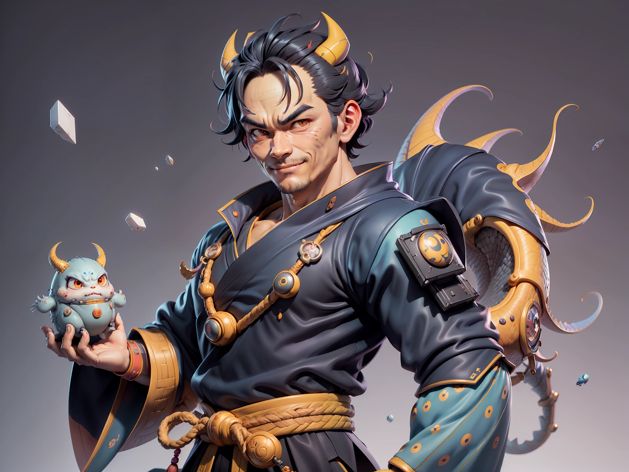 (Daisaku),(Need),(Super meticulous),(full bodyesbian:1.2),Super young man with Japanese geisha，Beautiful，Oriental dragon，Aeolian Thor，Raised sexy，爆乳，Oriental face，TV Anchor，Bust portrait illustration，In black suit，a blue tie，The face is slightly chubby，The face was clean，without a beard，Black super short hair，Black eyes，Smile confidently，3C computer sub-products，iPad， iphone，Digital painting，3D character design by Mark Clairen and Pixar and Hayao Miyazaki and Akira Toriyama，The illustration is a high-definition illustration in 4K resolution，With very detailed facial features and cartoon-style visuals。