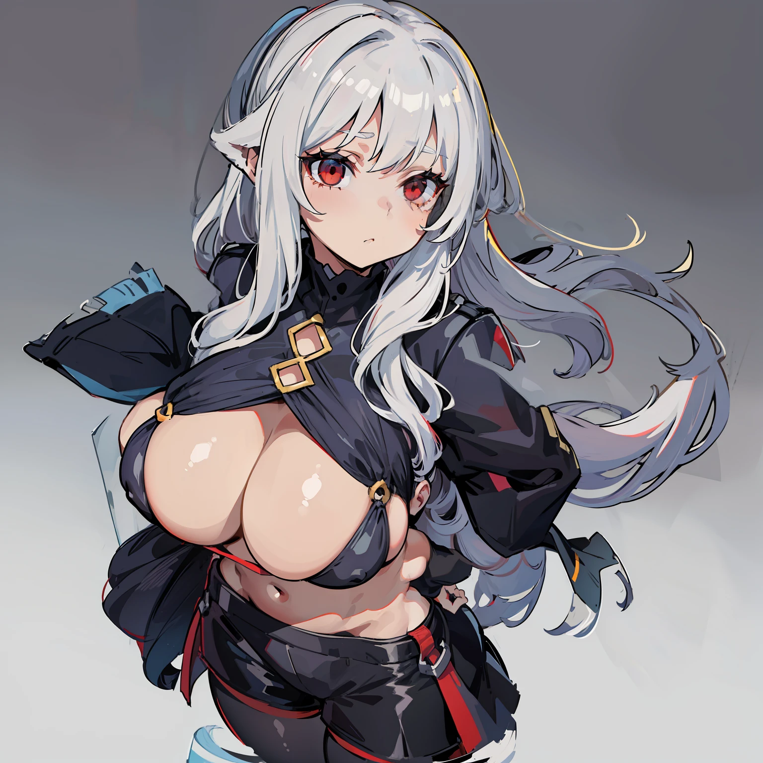 1girll, White hair, red eyes, nabel, looking at viewert, hand on hips, black black jacket, dolphinshorts, groin, (white shirt:1.2), pigtails, Very long hair, Wide buttock, underbust,The shirt, The large\(BodyProportions\),