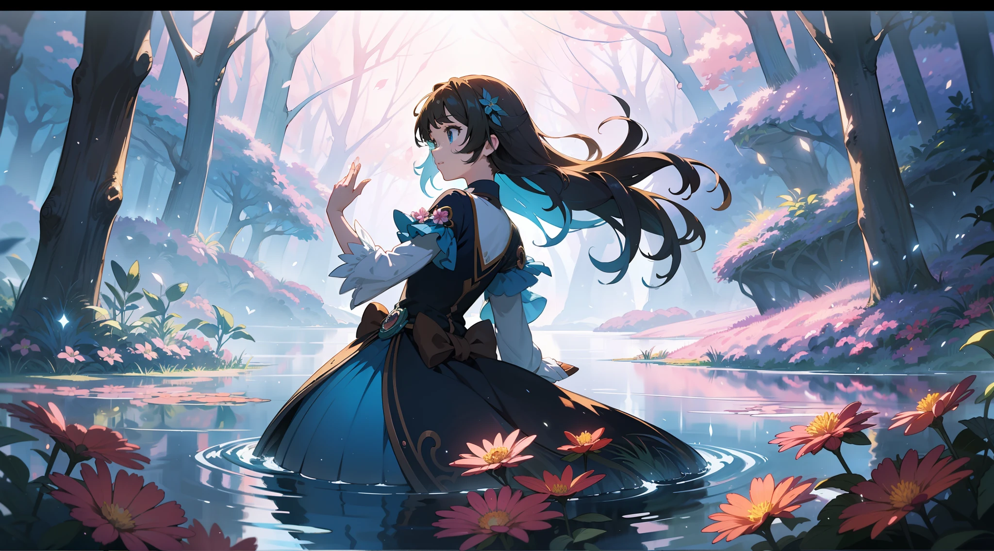"Create a stunning and vibrant image with a woman as the central focus. Incorporate elements of fantasy and magic, with a surreal and dreamlike atmosphere. Use vibrant and intense colors, with a mix of cool and warm tones. Emphasize intricate details and textures, creating a visually rich and captivating artwork. Include elements of nature, such as flourishing flowers, flowing water, and dancing leaves. Enhance the composition with dynamic lighting and subtle depth of field effects. Strive for a high-quality and masterful piece that stands out as a true work of art. watercolor ghibli anime kyoani style