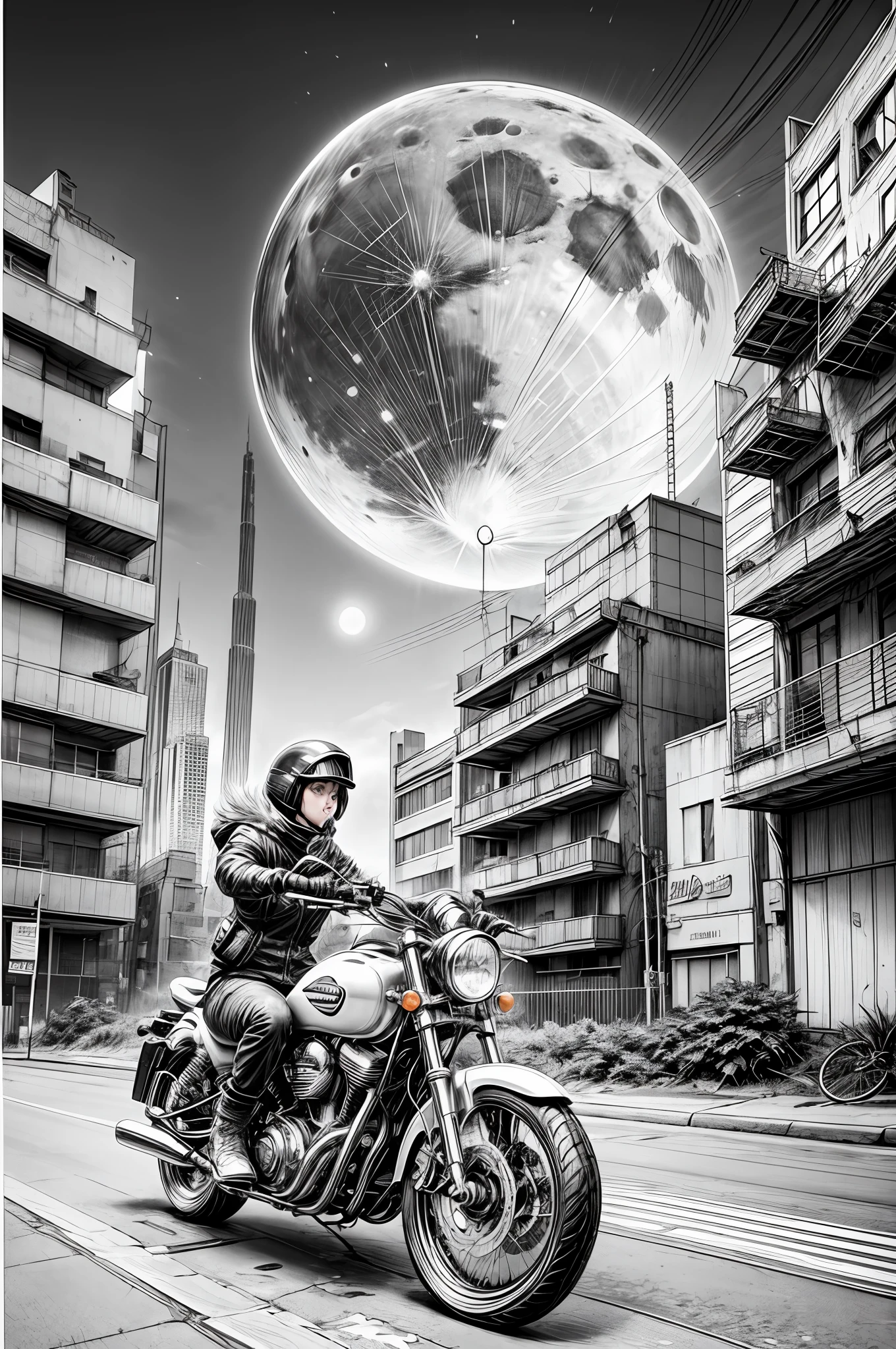 best quality, masterpiece, photo, 4K, photorealistic,
1girl riding motobike, techwear, cyberpunk city, solo, futuristic, huge moon in the background, cel shading, black and white, by Akira Toriyama, closeup,