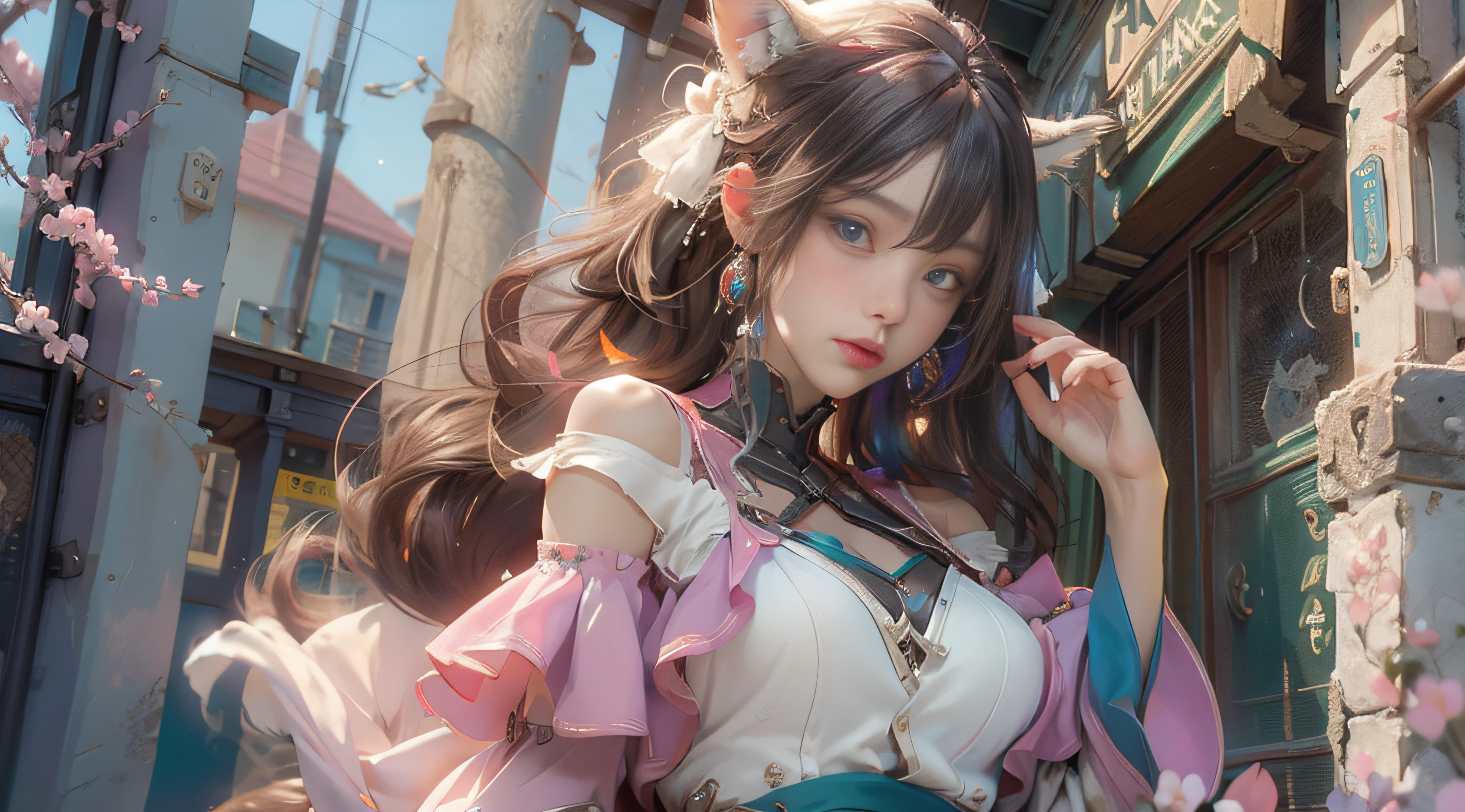 ((best qualtiy)), ((tmasterpiece)), (detail:1.4), Beautiful cyberpunk female images,hdr(HighDynamicRange),Ray traching,NVIDIA RTX,Hyper-Resolution,illusory 5,sub surface scattering,PBR textures,post-proces,Anisotropy Filtering,depth of fields,maximum definition and sharpness,Many-Layer Textures,Albedo e mapas Speculares,Surface coloring,Mitsu-Accurate simulation of material interactions,perfectly proportioned,rendering by octane,Two-colored light,largeaperture,Low ISO,White balance,Rule three points、8K raw data、Beautiful bright blue pupils,off-the-shoulder clothes,Fine pupils,Delicate face and eyes,long eyelasher,Blushlush,Delicate and fluffy hair,pink lip,Pure,Cute face,Sweet girl,Artistic sense,Casual wear,Advancedsense,butterflys,Cherry blossom petal,Beautiful hair accessories,Long hair and waist,Hair fluttering in the wind,Snow-white fox ears,curlies,Lots of purple and orange,Complicated details
