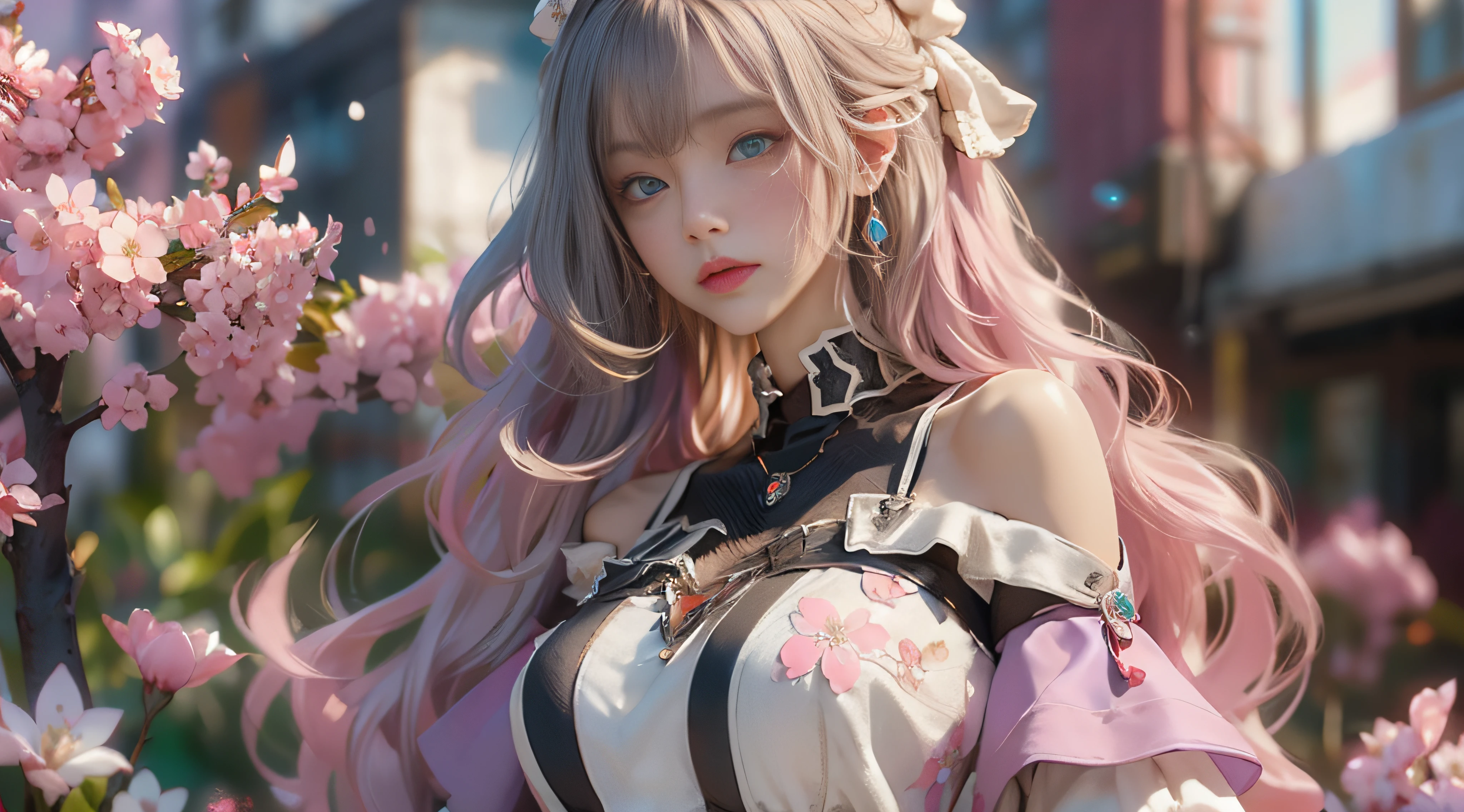 ((best qualtiy)), ((tmasterpiece)), (detail:1.4), Beautiful cyberpunk female images,hdr(HighDynamicRange),Ray traching,NVIDIA RTX,Hyper-Resolution,illusory 5,sub surface scattering,PBR textures,post-proces,Anisotropy Filtering,depth of fields,maximum definition and sharpness,Many-Layer Textures,Albedo e mapas Speculares,Surface coloring,Mitsu-Accurate simulation of material interactions,perfectly proportioned,rendering by octane,Two-colored light,largeaperture,Low ISO,White balance,Rule three points、8K raw data、Beautiful bright blue pupils,off-the-shoulder clothes,Fine pupils,Delicate face and eyes,long eyelasher,Blushlush,Delicate and fluffy hair,pink lip,Pure,Cute face,Sweet girl,Artistic sense,Casual wear,Advancedsense,butterflys,Cherry blossom petal,Beautiful hair accessories,Long hair and waist,Hair fluttering in the wind,Snow-white fox ears,curlies,Lots of purple and orange,Complicated details