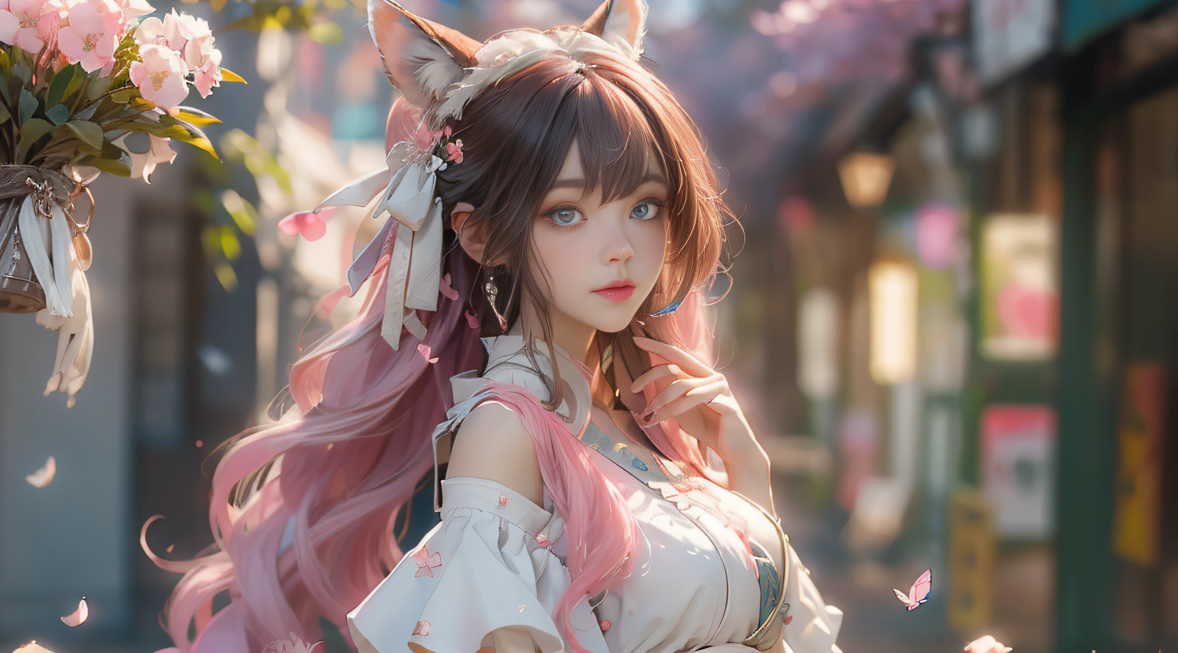 （（best qualtiy））， （（tmasterpiece））， （detail：1.4）， Beautiful cyberpunk female images，hdr（HighDynamicRange），Ray traching，NVIDIA RTX，Hyper-Resolution，illusory 5，sub surface scattering，PBR textures，post-proces，Anisotropy Filtering，depth of fields，maximum definition and sharpness，Many-Layer Textures，Albedo e mapas Speculares，Surface coloring，Mitsu-Accurate simulation of material interactions，perfectly proportioned，rendering by octane，Two-colored light，largeaperture，Low ISO，White balance，Rule three points、8K raw data、Beautiful bright blue pupils，off-the-shoulder clothes，Fine pupils，Delicate face and eyes，long eyelasher，Blushlush，Delicate and fluffy hair，pink lip，Pure，Cute face，Sweet girl，Artistic sense，Casual wear，Advancedsense，butterflys，Cherry blossom petal，Beautiful hair accessories，Long hair and waist，Hair fluttering in the wind，Snow-white fox ears，curlies，Lots of white and pink，Complicated details