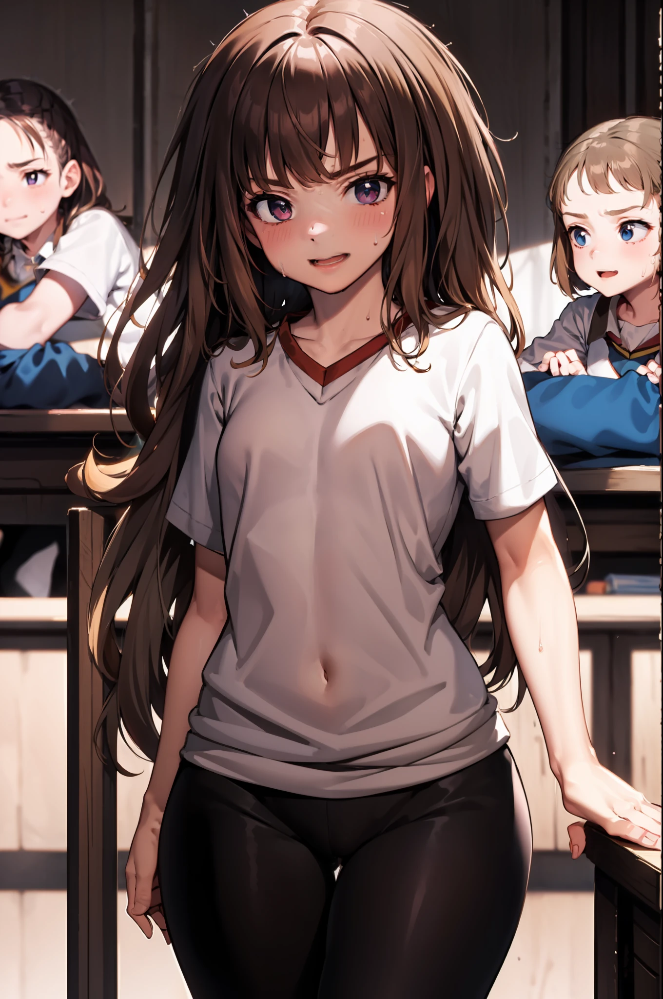 Masterpiece, hiquality, Dynamic Angle, Cowboy shot, 15 years, 1girl, child, 独奏, Hermione Granger, Shirt, leggings, Highly Detailed Beautiful Face and Eyes, Beautiful skin, Wet, blushful, Perfect anatomical smile, thigh strap, Walking, Hands Behind Your Back, Classroom, Sun light, little chest, thights, wide thighs, Athletic hips, Erotica, Sex, trembling, the sweat, heavy breathing, sperm,