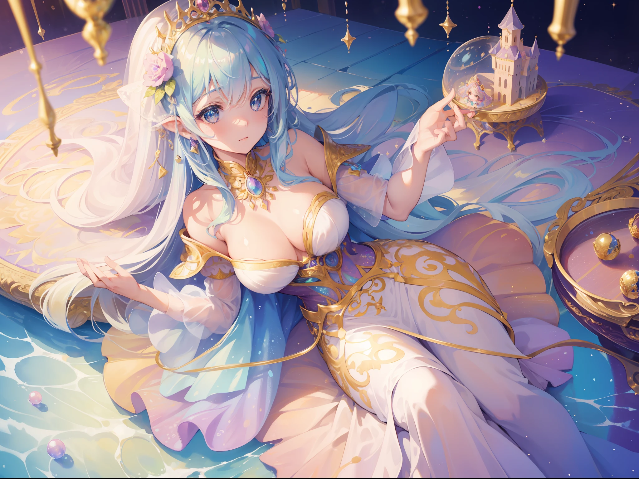 masterpiece, best quality, 8k resolution, sharp focus, intricate detail, beautiful girl, sparkling eyes, golden ratio face, otherworldly liquid, watercolor, ((pastel colors)), bright colors, whimsical, colorful, sharp focus, high resolution, fine detail, princess fantasy ballgown, ((round eyes)), iridescent bubbles, castle landscape in background