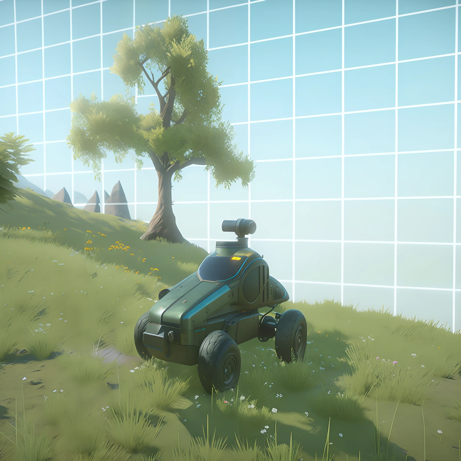 Alafeld's vehicle on a meadow hill，A tree in the background, new vehicle, Cryogenic engine octane rating, dusty unreal engine, octane 2. 0 render, Unreal octane rendering, octane highly detailed cinematic, Octane Unreal rendering, cryengine octane blender, Ultra-detailed Unreal Engine, Unreal Engine octane, octane 4k render, octane 4 k render, rendered in cryengine