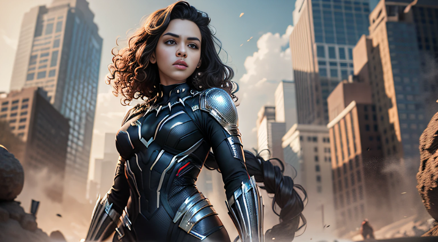 HD masterpiece, curly hair wavy hair, Hispanic female, wearing black panther, suit, marvel, MCU.