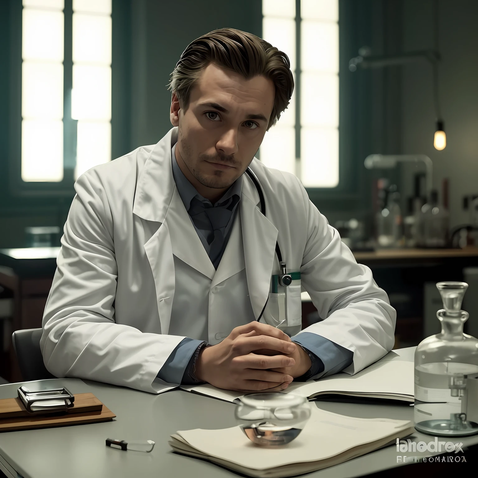 Homem de jaleco sentado em uma mesa com um livro e uma caneta, medic, (medic), felix englund, Hannibal, foxish guy in a lab coat, still image from tv series, he is in a alchemist lab, scientist, Erwin Olavo, the doctor, molecular, Anton Fadeev 8 K