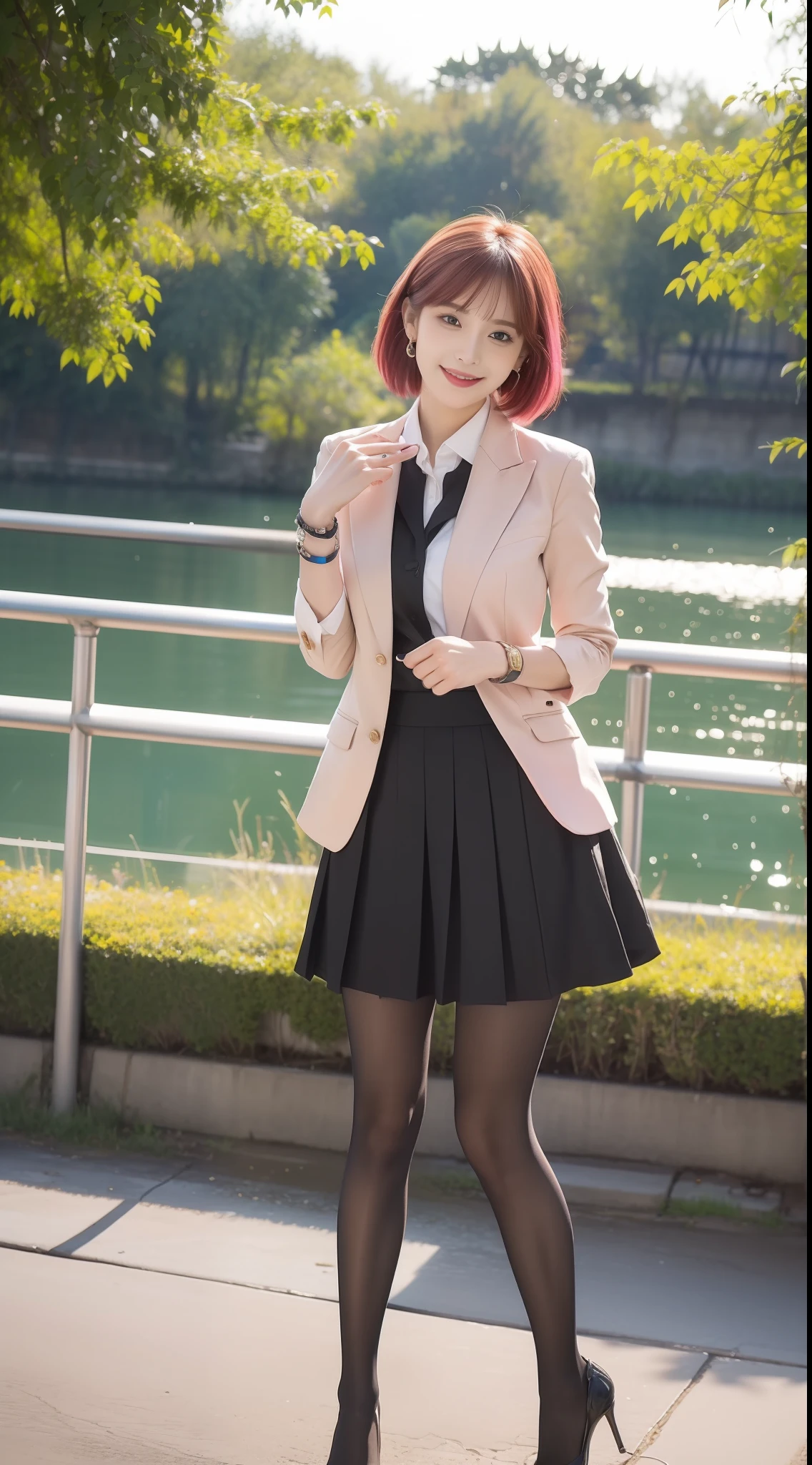 （true to life，Photorealistic 1.5）,((best qualtiy, 8K, tmasterpiece:1.3)),SLR camera (二重まぶた，largeeyes:1.3),（smile1.5），（Full body photo 1.5）（One person 1.5）Clear focus 1.2, Perfect body beauty:1.4 , Delicate skin1.1，（Short pink hair 1.5），（Delicate facial features1.4），（Pure desire 1.3）(Black pantyhose 1.5)（The leg length is one meter two，1.5），in a black formal blazer，pleatedskirt，Slender legs，high-heels，With earrings，Wristband jade bracelet，On a bridge by the river，Blooming with flowers